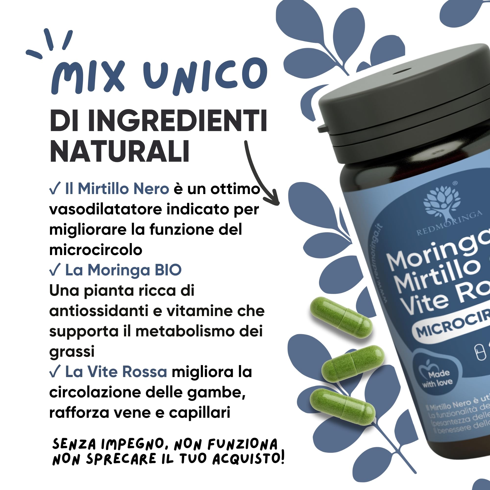 Integratore Microcircolo Gambe Mirtillo Nero e Vite Rossa con Moringa BIO - NUOVA FORMULA - Vite rossa Integratore Riduce Pesantezza e stimola Circolazione Gambe | 60 Capsule 100% Naturali RedMoringa