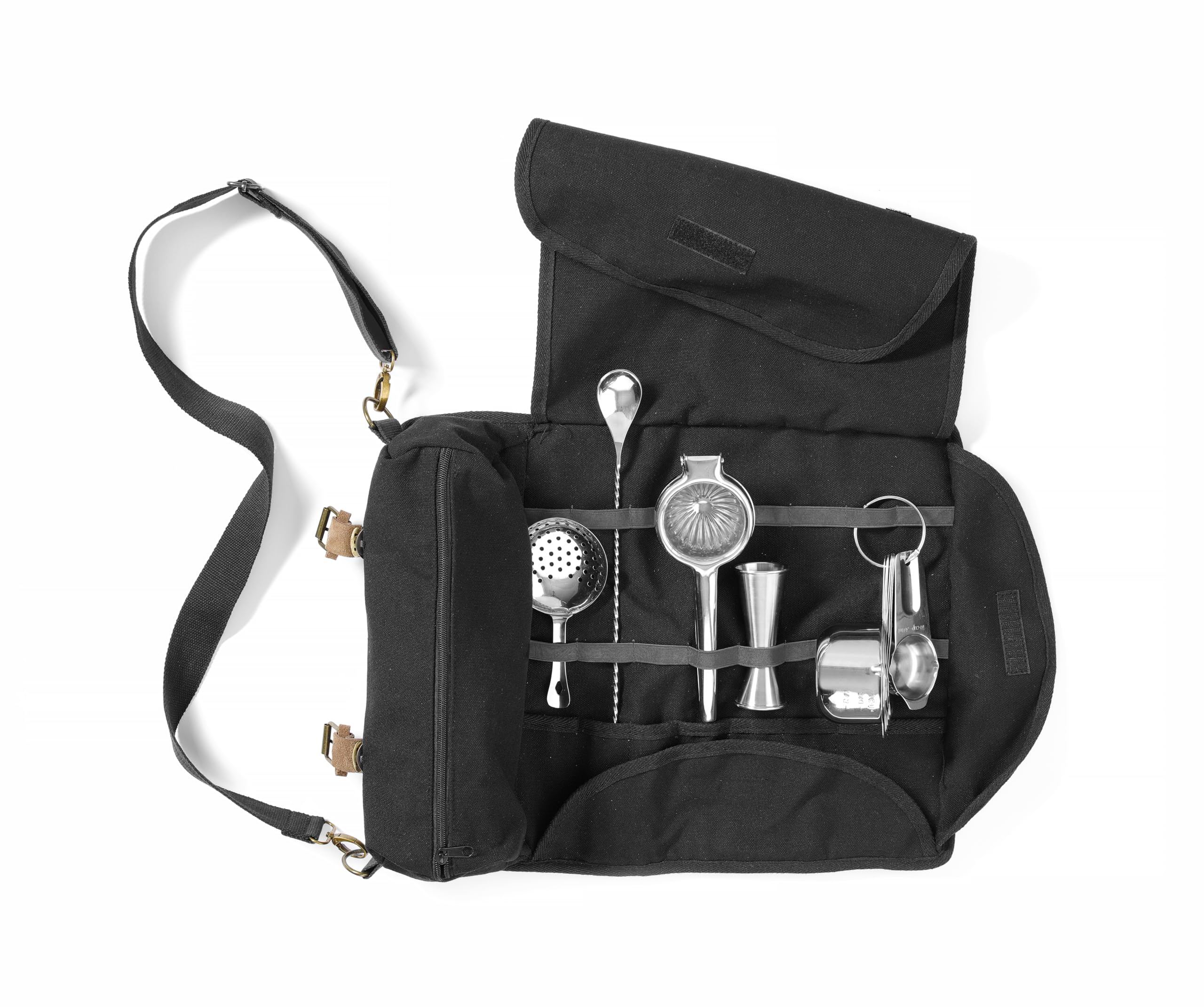 HENDI Borsa bartender, borsa barman, portatile, da viaggio, cocktail e mixology, scomparto per agitatore, in cotone, pelle naturale e acciaio inox