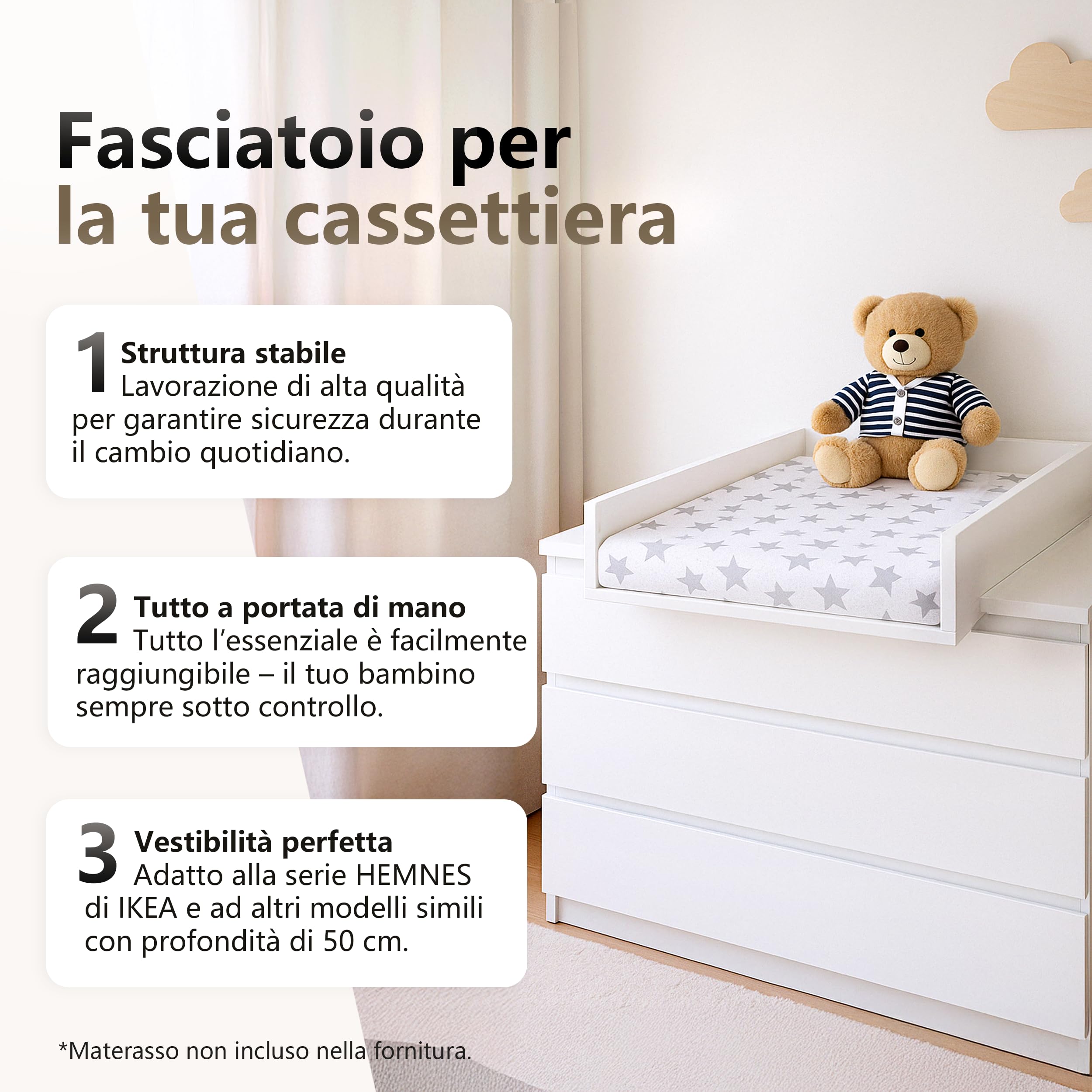 Ikea Hemnes, fasciatoio per cassettiere da 50 cm, fasciatoio, pannelli frontali dritti, in quercia, 72 x 54 cm