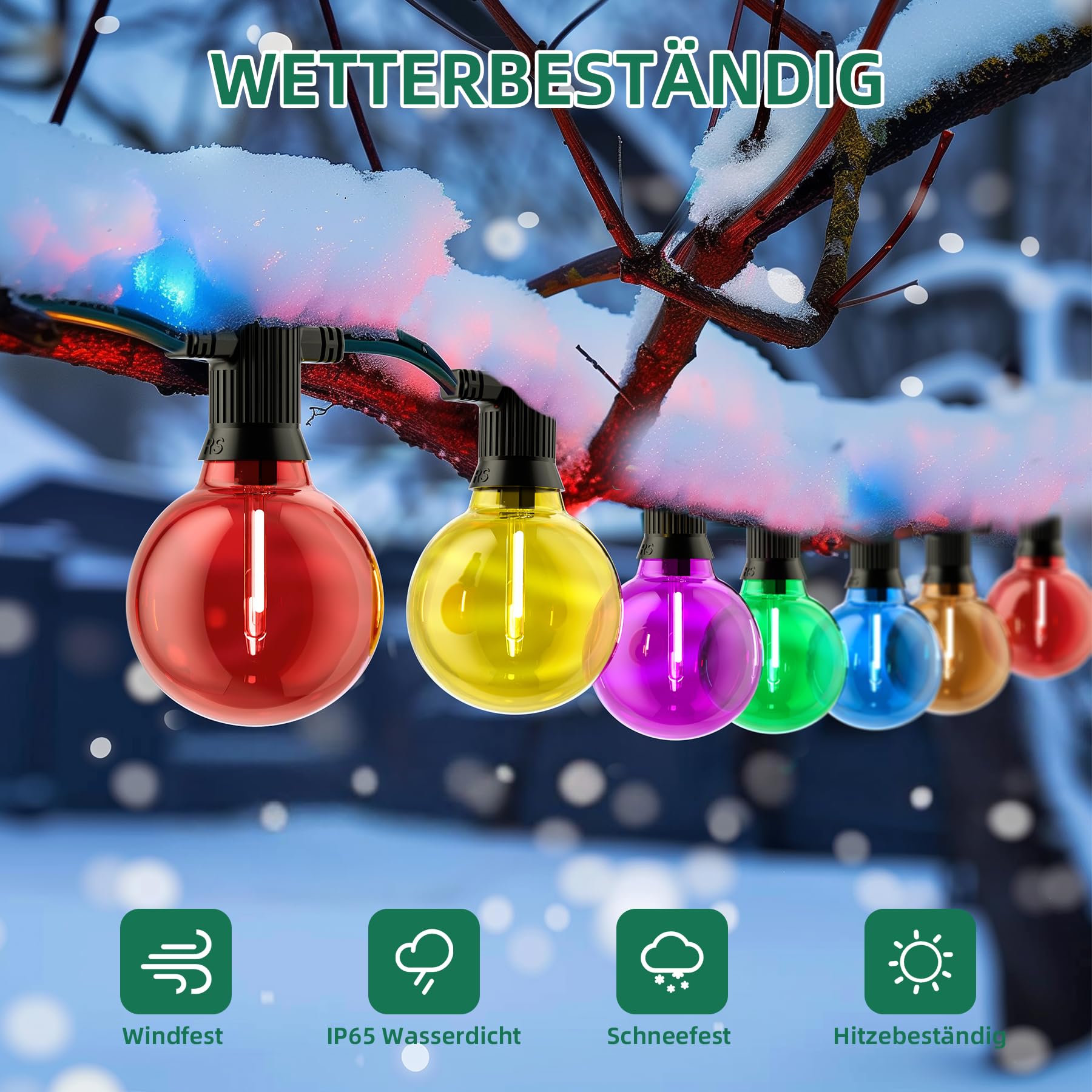 Zuske Bunte LED Lichterkette Außen 15m, 25 G40 Bunte Glühbirnen, mit Stecker, IP65 wasserdicht, für Weihnachten Erntedankfest Geburtstag Party Garten Terrasse Balkon Hochzeit