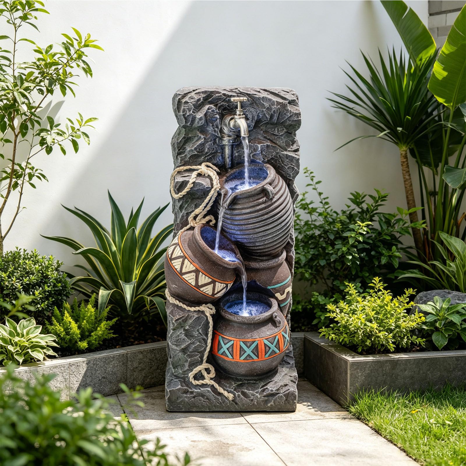 Earthenware Jar Outdoor Water Fountain, Resin with LED, 24.4 in