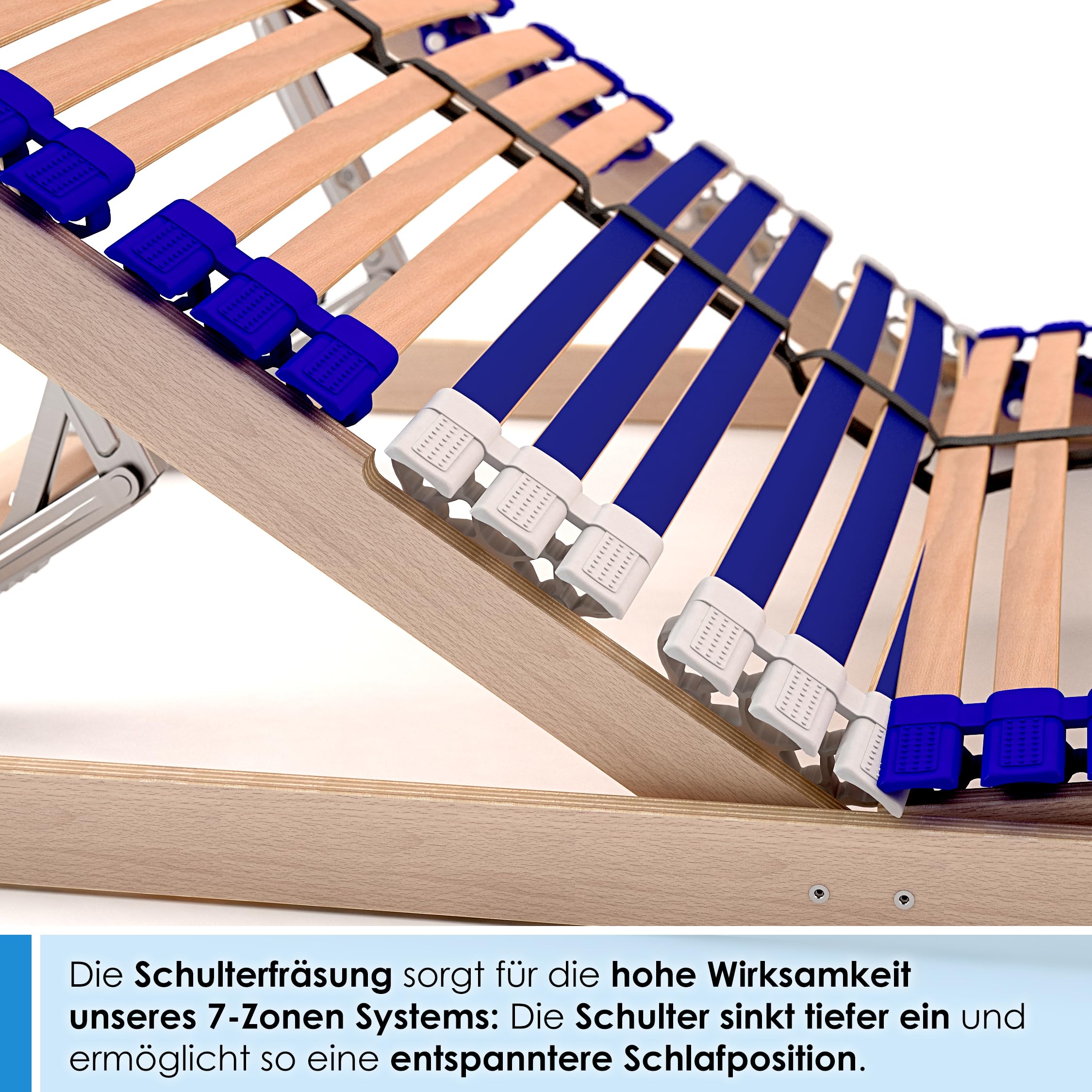 stabiler Lattenrost 100% BUCHE - Kopf- und Fußteil verstellbar - SCHULTERFRÄSUNG, 7 Zonen, 44 Federleisten, Härte-Regulierung, Mittelgurt - COMFORT 44® Vario - 100% fertig montiert (90x200cm)
