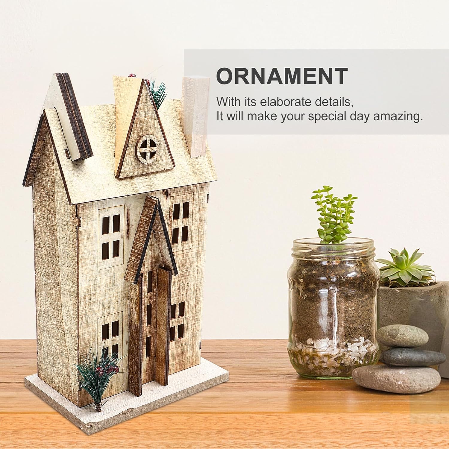 Alipis Wooden House Craft with LED Light, Nordic Style Rustic Small Wood House Decoration, Glowing Desktop Ornament for Christmas Home Decor