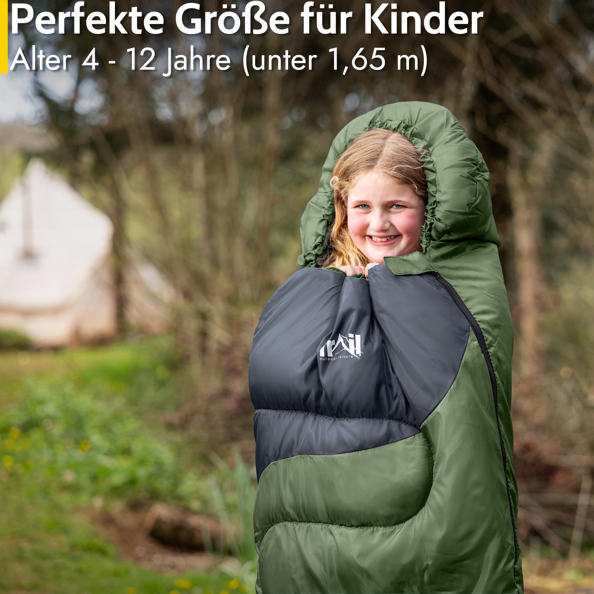 Trail Schlafsack Kinder Mumienschlafsack als Schlafsack 3 Jahreszeiten für Camping – 300gsm – für Jungen und Mädchen – mit Leichtem Transportrucksack