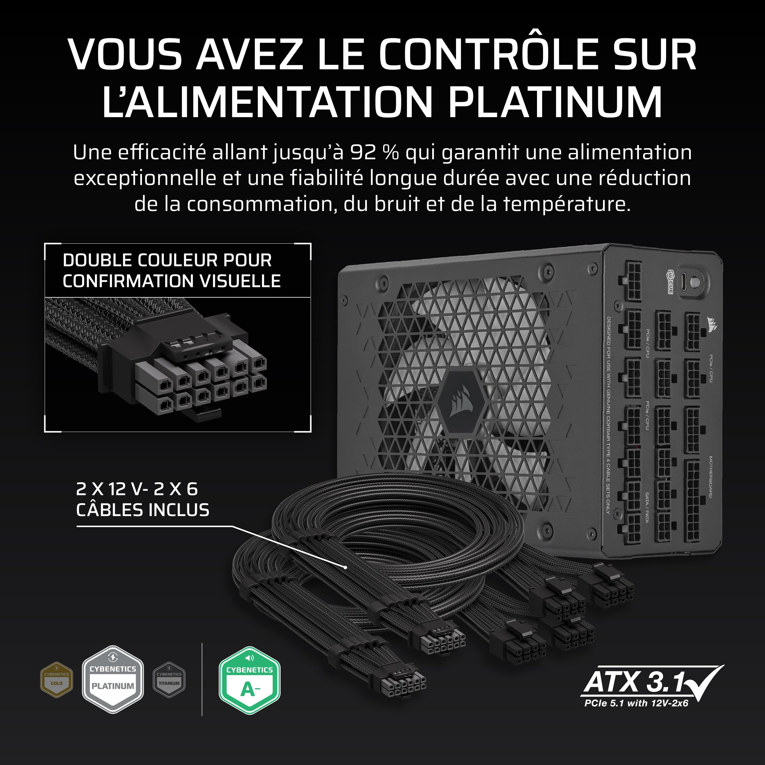 CORSAIR HX1500i (2025) Alimentation ATX Entièrement Modulaire – Noir | À Très Faible Bruit avec Câble 12V-2x6, Compatible ATX 3.1 & PCIe 5.1, Efficacité Cybenetics Platinum