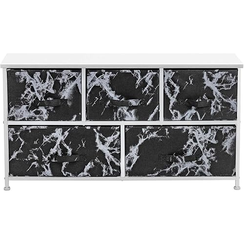Sorbus Dresser with 5 Drawers - Furniture Storage Chest Tower Unit for Bedroom, Hallway, Closet, Office Organization - Steel Frame, Wood Top, Easy Pull Fabric Bins (Marble Black/White Frame)