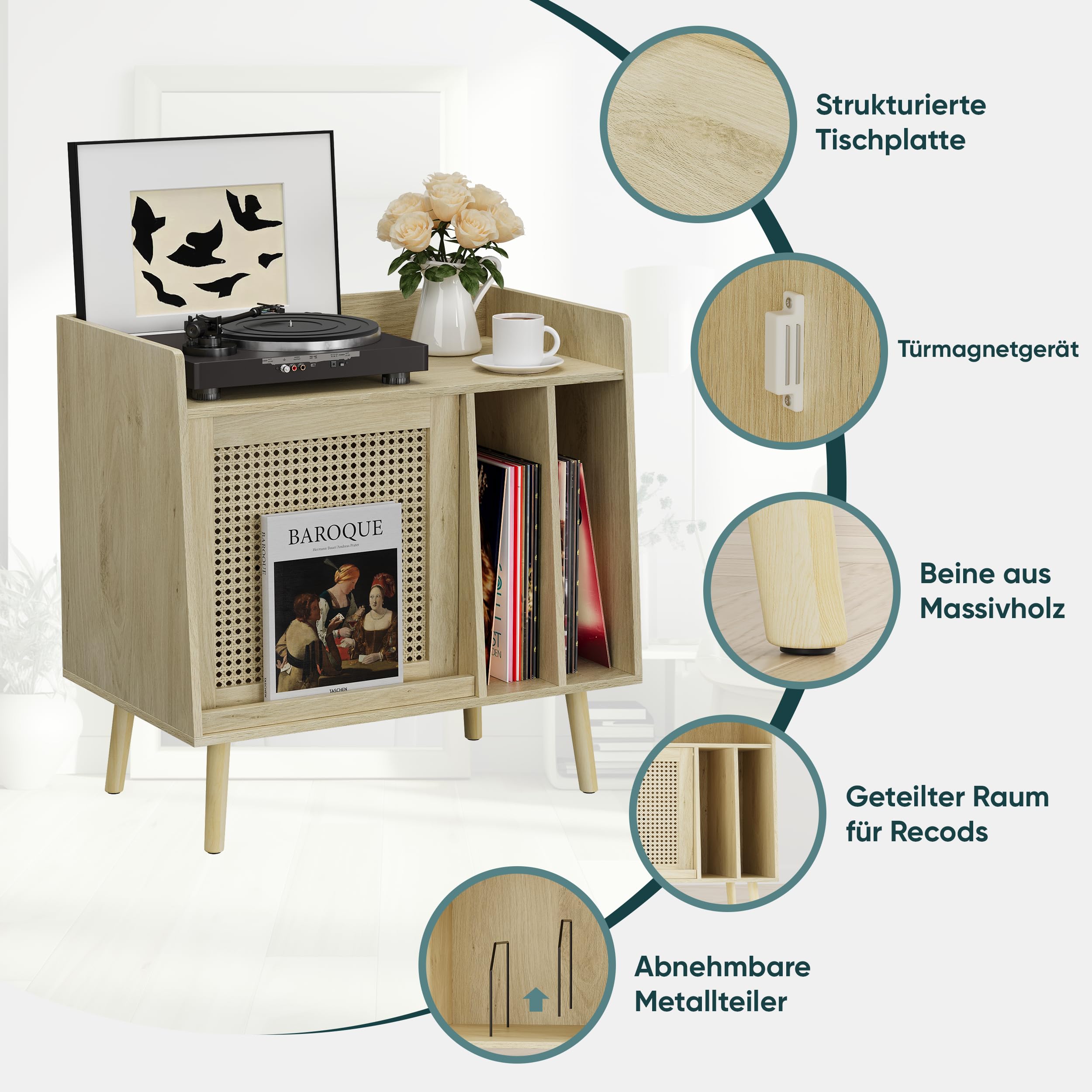 Semiocthome Plattenspieler-Tisch mit Vinyl-Aufbewahrungsfunktion, Schallplattenständer mit Rattan-Schranktüren und Massivholz-Tischbeinen, geeignet für Plattenspieler. (klein)
