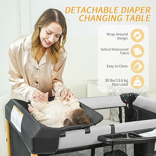 Miniatura 5 de Cuna de bebé 5 en 1, para empacar y jugar, cuna portátil con cambiador de pañales, colchón, mosquitera, almacenamiento inferior y barra de juguetes