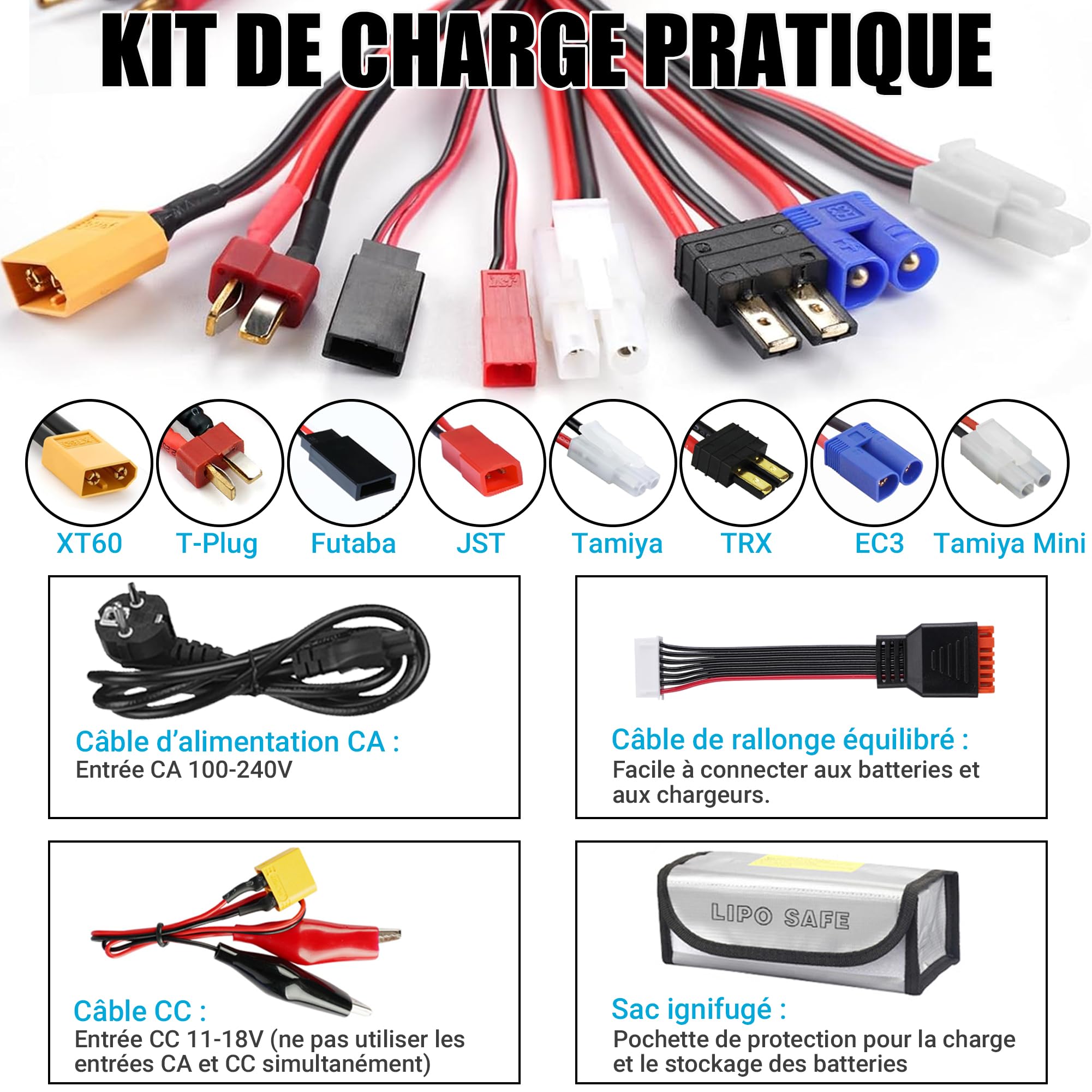 HTRC C150 Chargeur Lipo 150W 10A – Chargeur Batterie Lipo et Équilibreur pour LiHV/LiPo/Li-ION/Life (1-6S), NiMH/NiCd (1-15S), PB (2-20V) – Entrée AC/DC, Écran LCD, 20 Mémoires