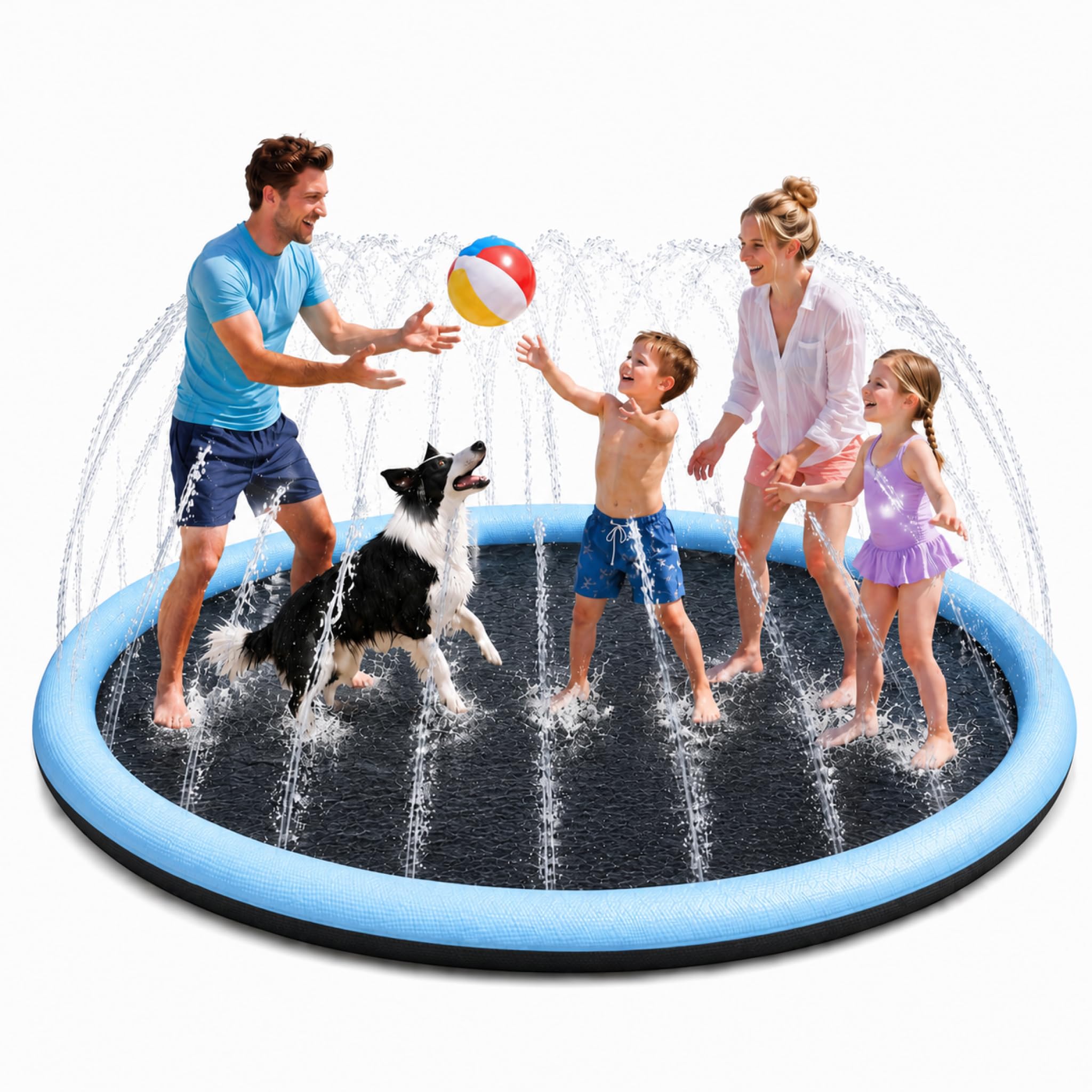 BASVII Piscina per Cani 170cm Antiscivolo con Spruzzi Regolabili | Tappeto Acqua Gioco Bambini e Cani, Splash Pad da Giardino Resistente per Cortile e Outdoor Estivo, Facile da Pulire