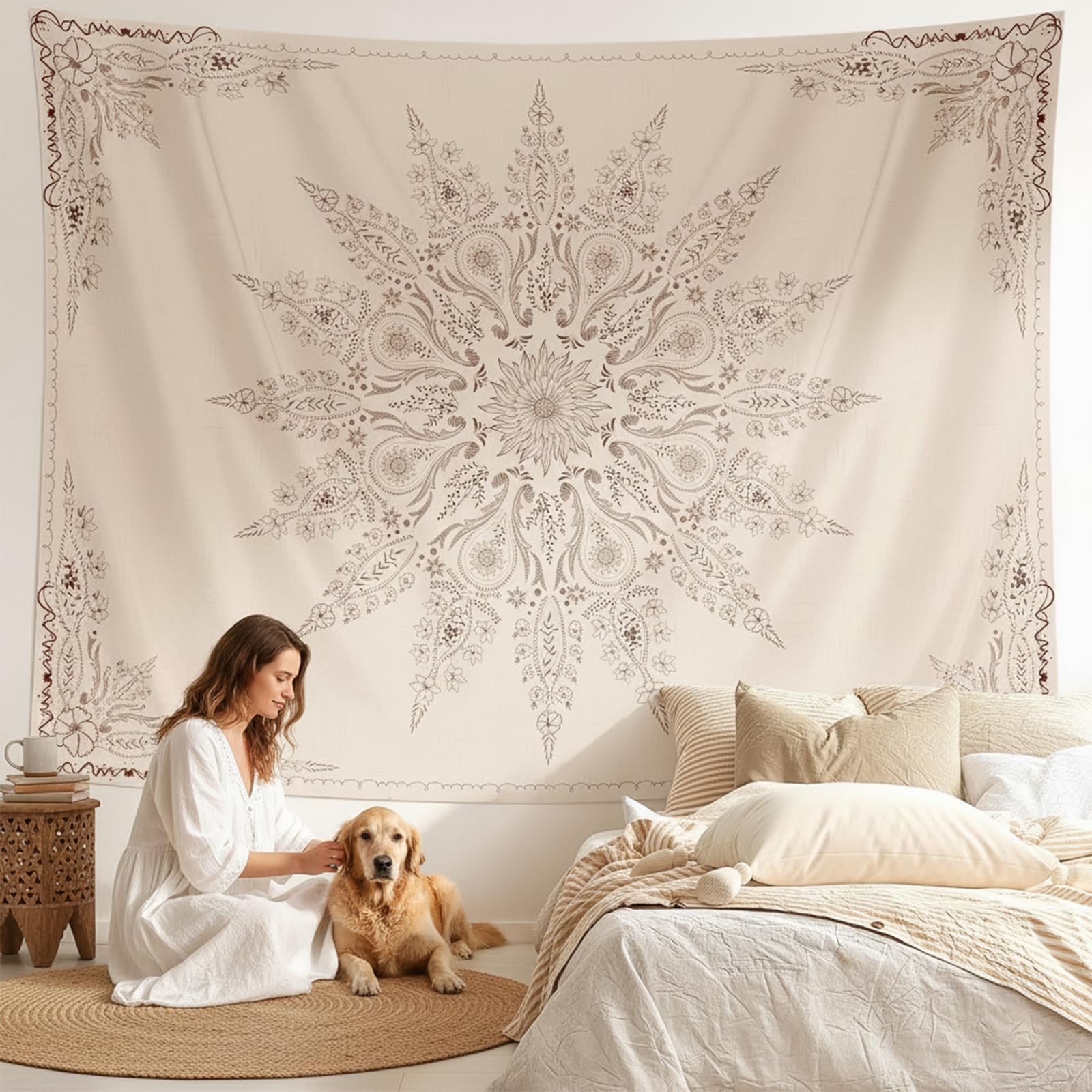 Simpkeely Tapiz floral de mandala, diseño de flores estéticas, decoración bohemia para colgar en la pared, medallón bohemio para dormitorio, sala de estar, 150 x 200 cm