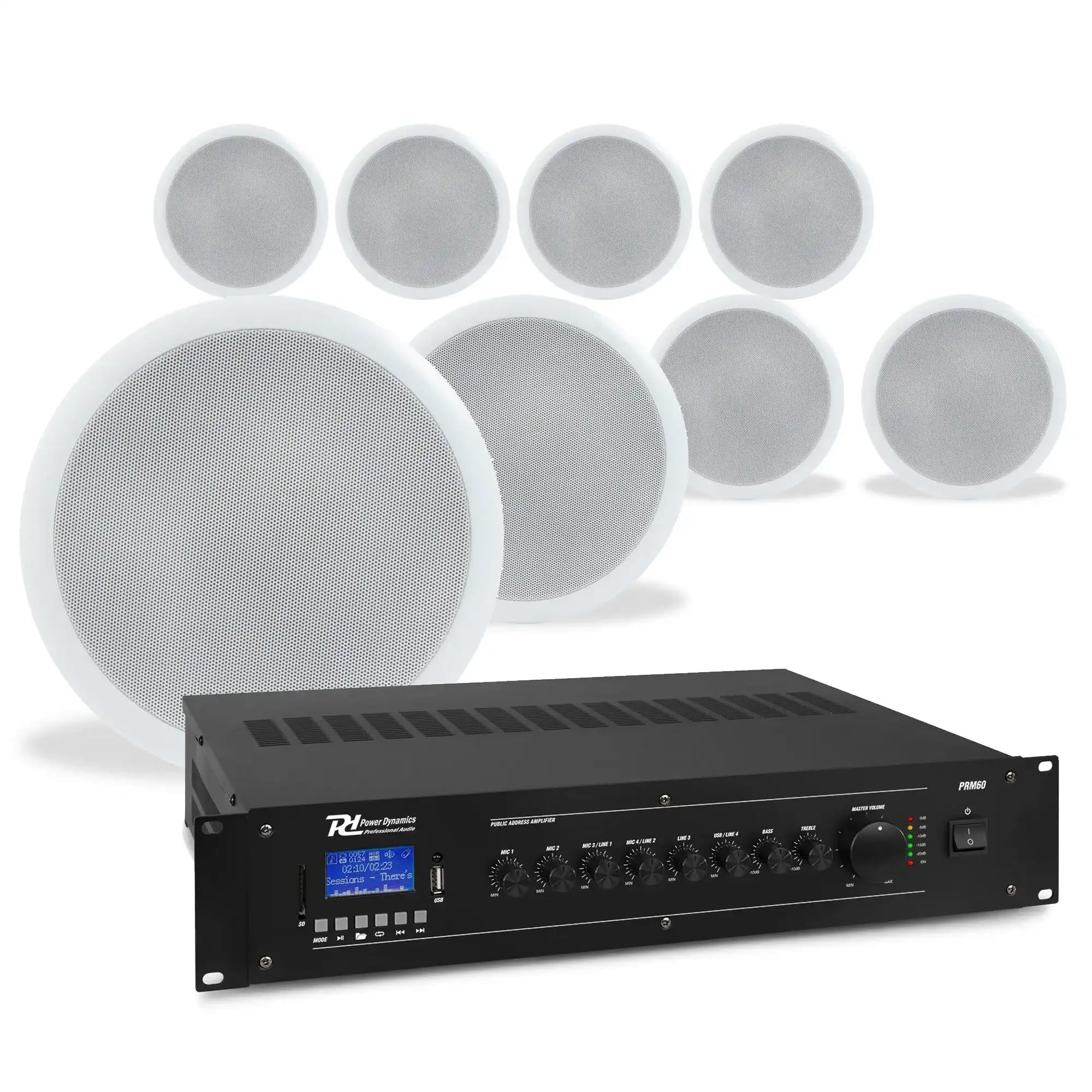 Power Dynamics PRM60 PA Verstärker + 8 Bluetooth Deckenlautsprecher, 5 Zoll, 60 Watt Verstärker mit Bluetooth - 100V Soundsystem inkl. Lautsprecherkabel, Einbaulautsprecher Decke für Hintergrundmusik