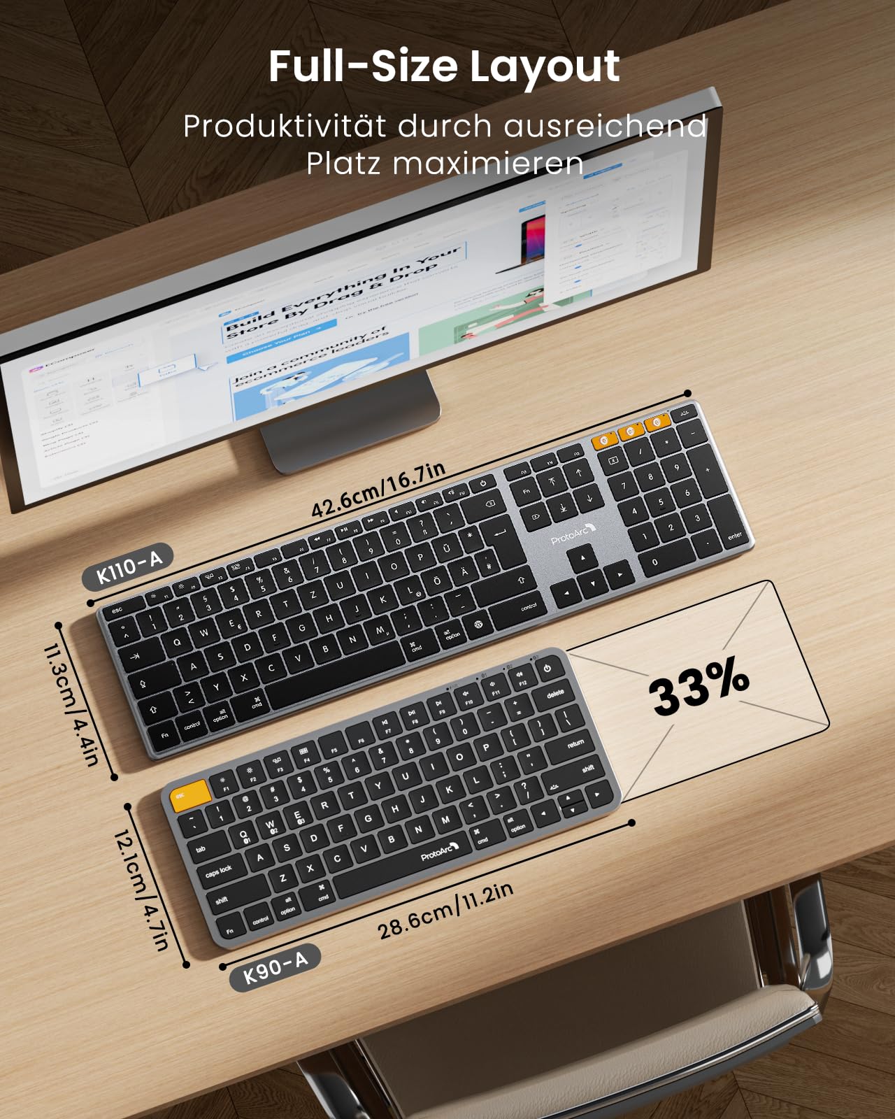 ProtoArc Beleuchtete Kabellose Tastatur für Mac, K110-A Aluminium-Bluetooth-Tastatur Full-Size, Mehrere Geräte, Flach, Wiederaufladbar, Funktastatur für MacBook Pro/Air, Mac mini, iPad