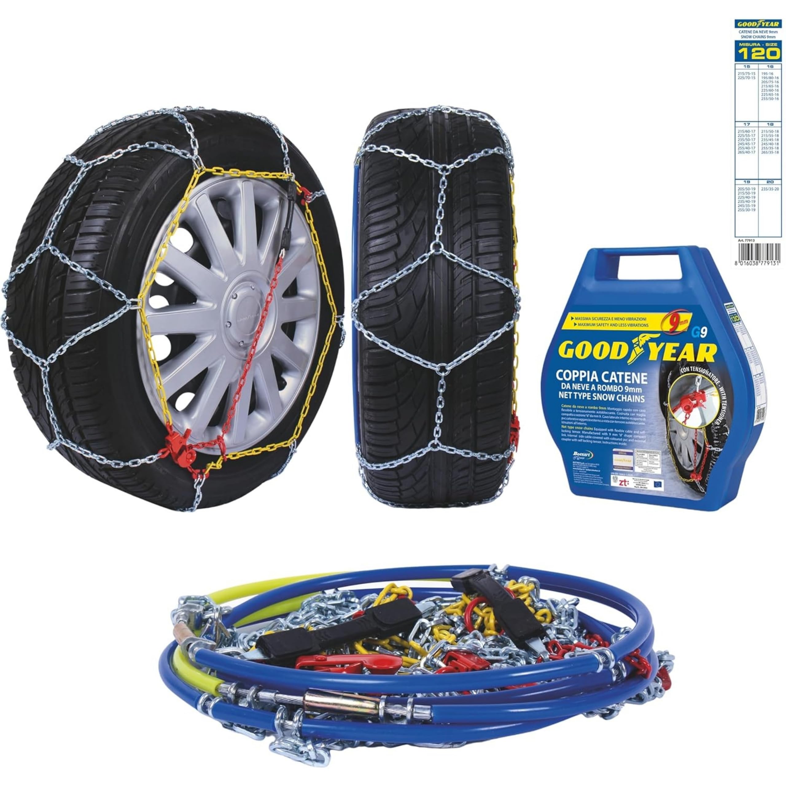 Goodyear 77913 77913: "G9 Cadenas de Nieve 9 mm para Coches. Talla 120. TÜV Süd y ÖNORM V5117 ., Talla 120