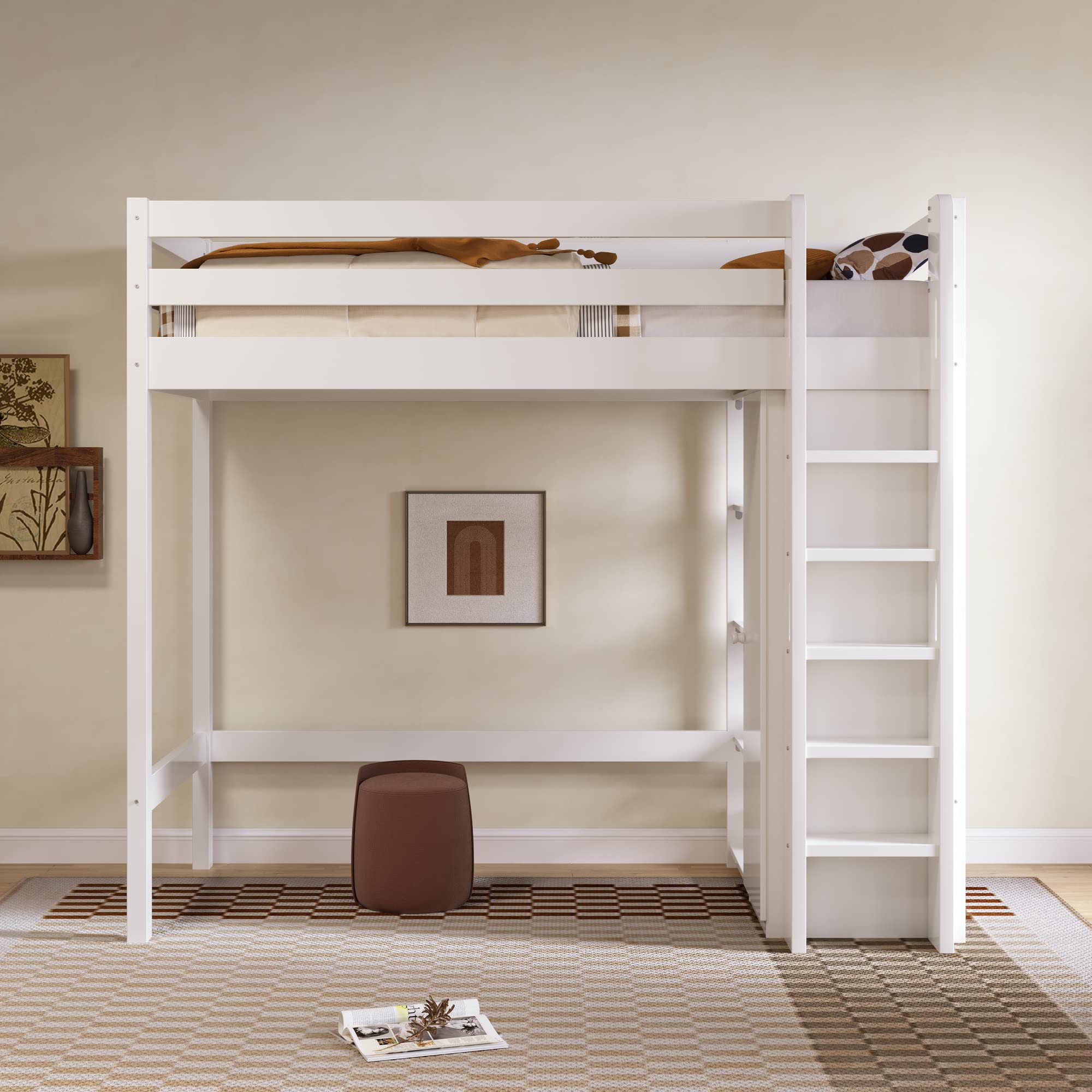 LAKFEW Cama Alta Infantil 90x200 cm con Armario y Estante Almacenaje Ajustable, Cama Tren Camas Altas con Dispositivo antivuelco y Protección Anticaída, Camas Literas con Escalera, Blanco, Sin Colchón