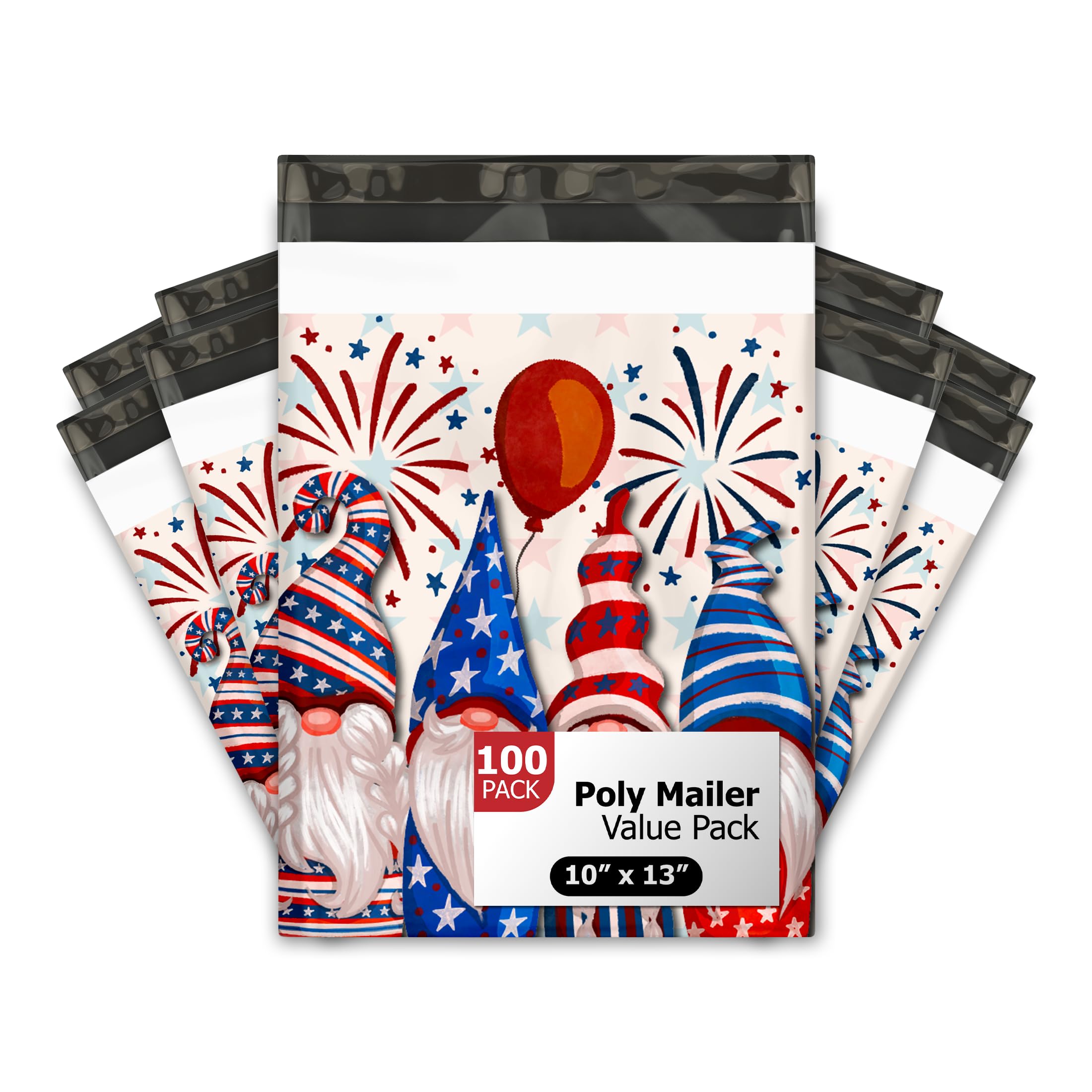 10x13 (100) 4th of July Mailers Patriotic Gnomes Summer Designer Poly Mailers Waterproof Self Sealing Tear Resistant Polymailers Shipping Envelopes Premium Printed Bags For Small Businesses