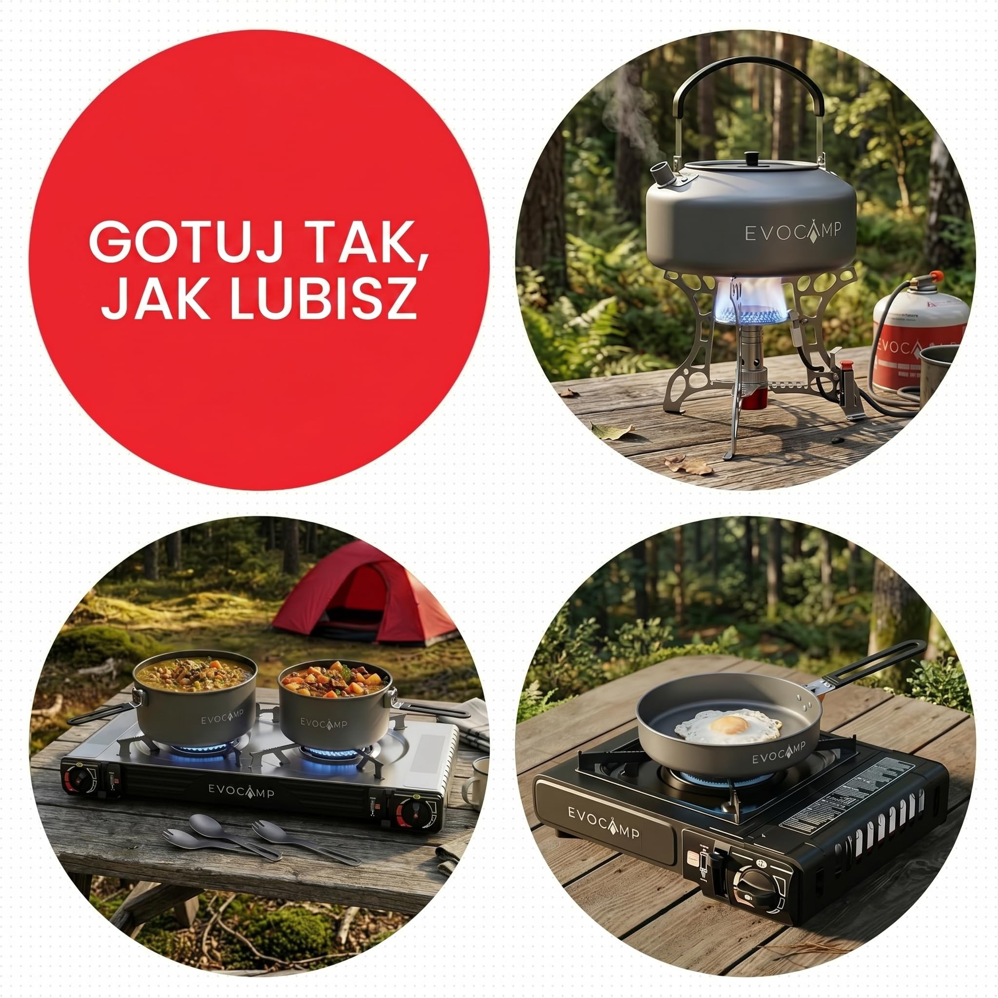 EVOCAMP Zestaw naczyń kuchennych do gotowania na kemping 4-częściowy aluminium, lekkie składane uchwyty i torba, kuchnia outdoor
