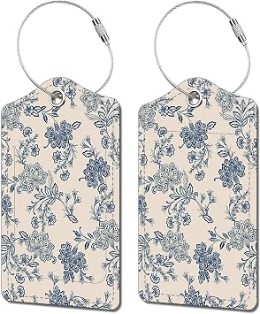 2 Pack Luggage Tags for Suitcase, Retro Vintage Flower 2 Pcs Leather Suitcase Tags Cruise Ship with Privacy Cover and Double Metal Loop for Women Men Girls Boys Travel Baggage Bag Backpack Tags