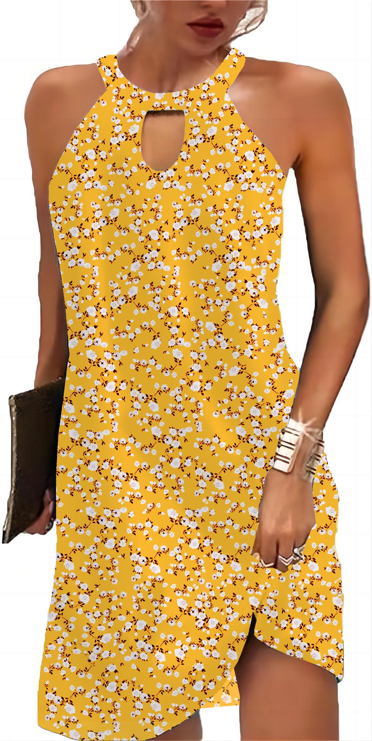 Kubsid Halter Dresses for Women 2026 Casual Floral Print Summer Dresses Hollow Out A-line Sundresses for Beach Vacation