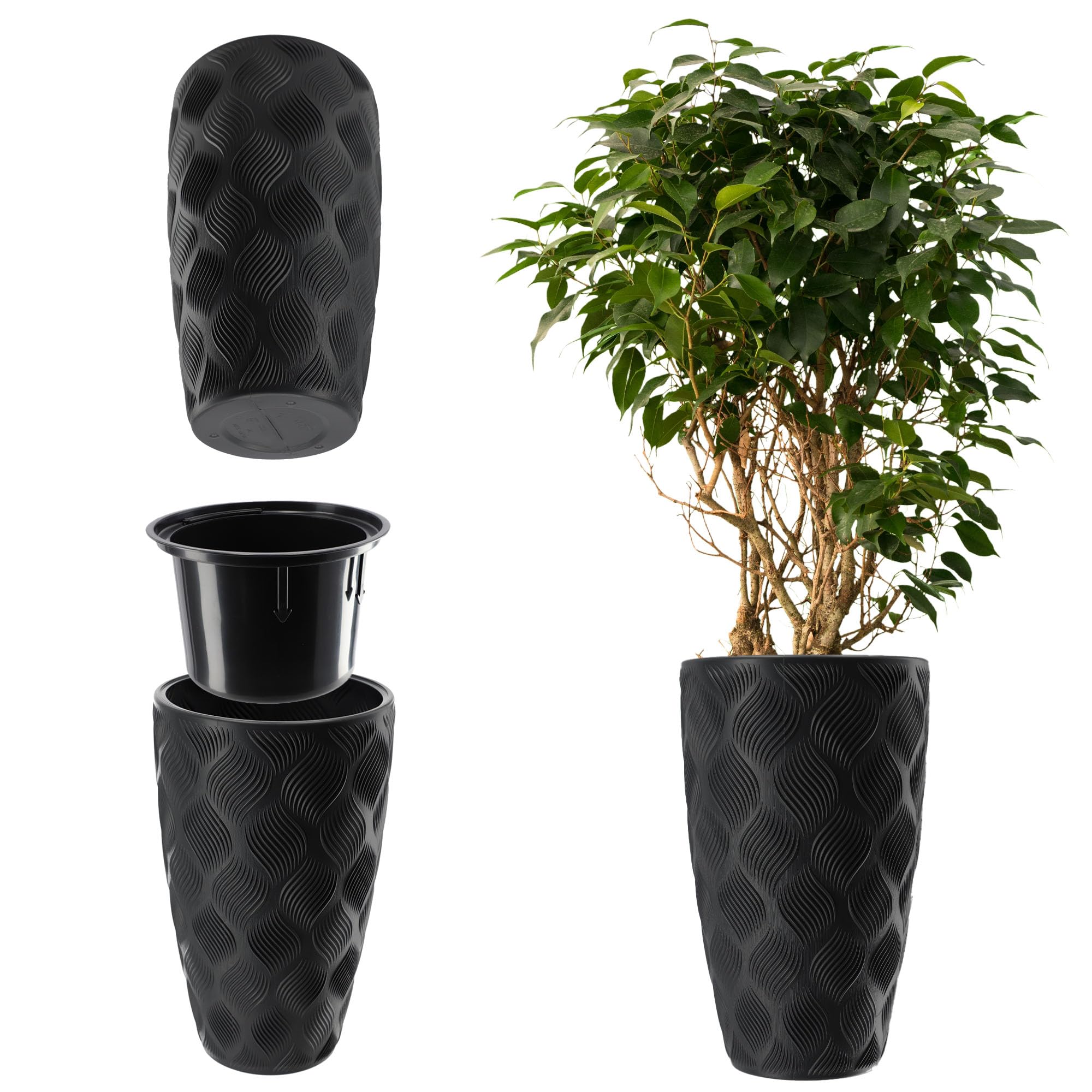KADAX Macetero con bandeja y asas, maceta de plástico en 5 tamaños, resistente a los rayos UV, jarrón alto resistente a la intemperie, maceta con efecto 3D (negro altura: 58,5 cm)