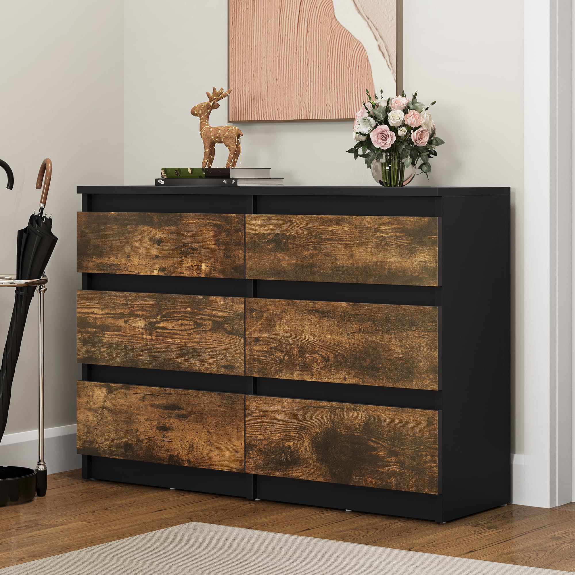 YITAHOME Commode à 6 tiroirs en Bois pour Chambre à Coucher, Table de Chevet Moderne, 100 x 30 x 70 cm, Noir Rustique