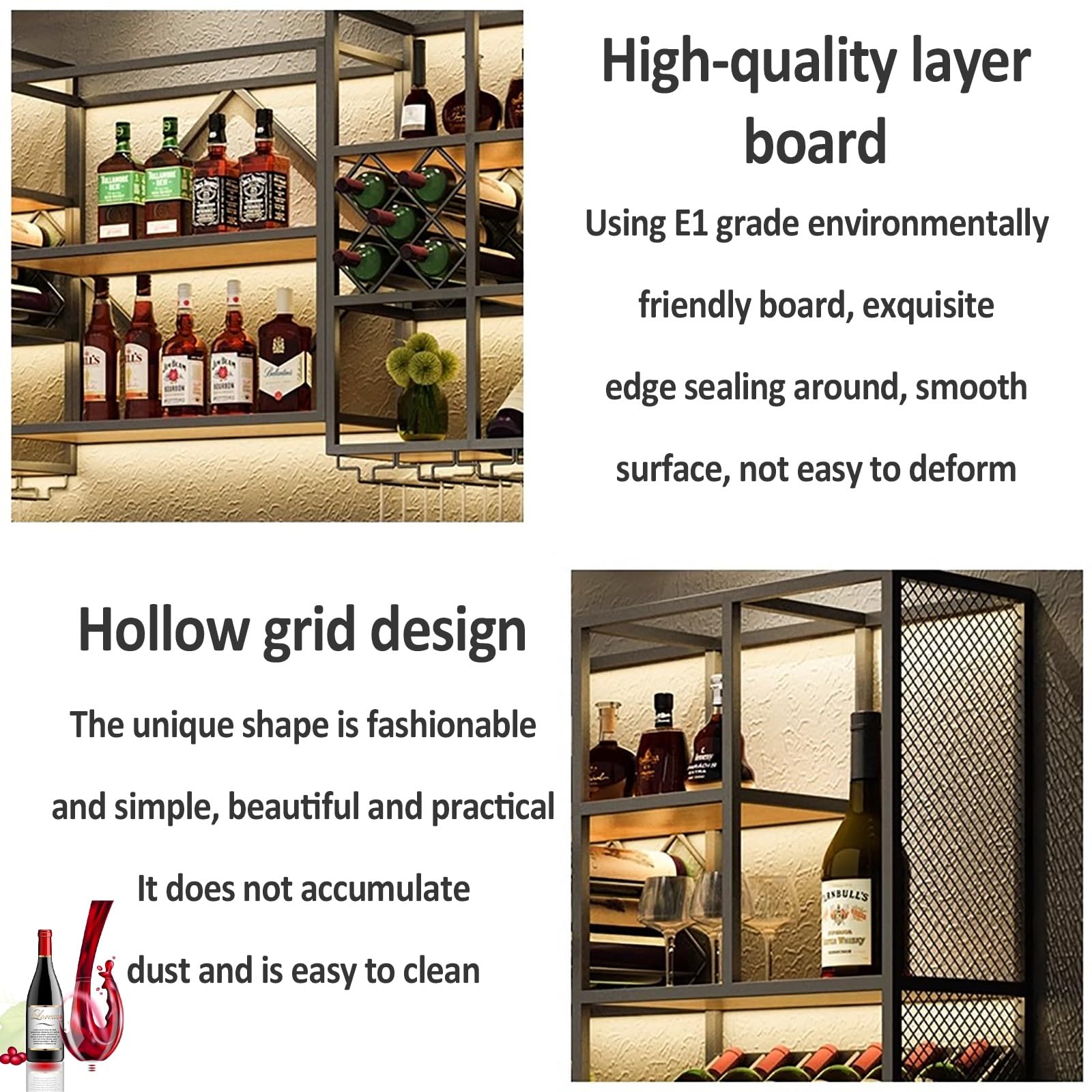 Botellero Pared para Botellas, Soporte para Botellas De MetalCon Luz LED, Estante De Vino Montado En La Pared para Botellas, Enfriador De Vino Montado En La Pared(Black,240 * 25 * 120CM)