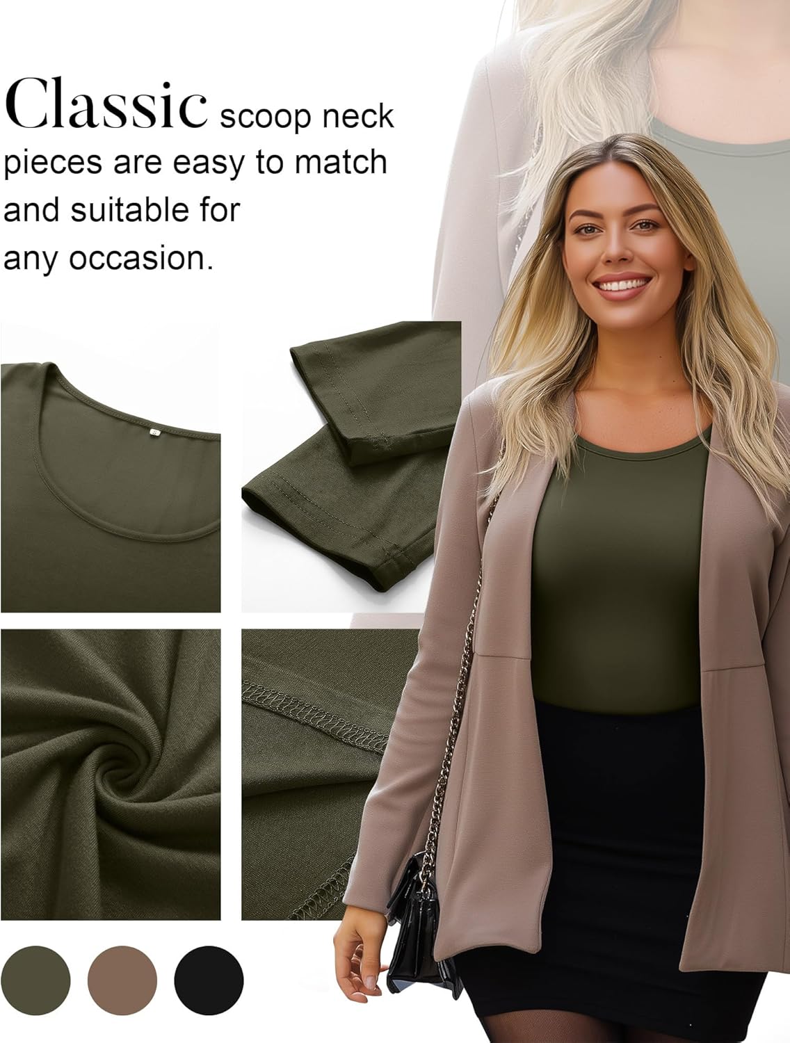 3 Pack Women's Plus Size Shirts Tops Scoop Neck Long Sleeve Tee Slim Fitted Stretchy Casual Basic Fall Winter Blouse - Image 5