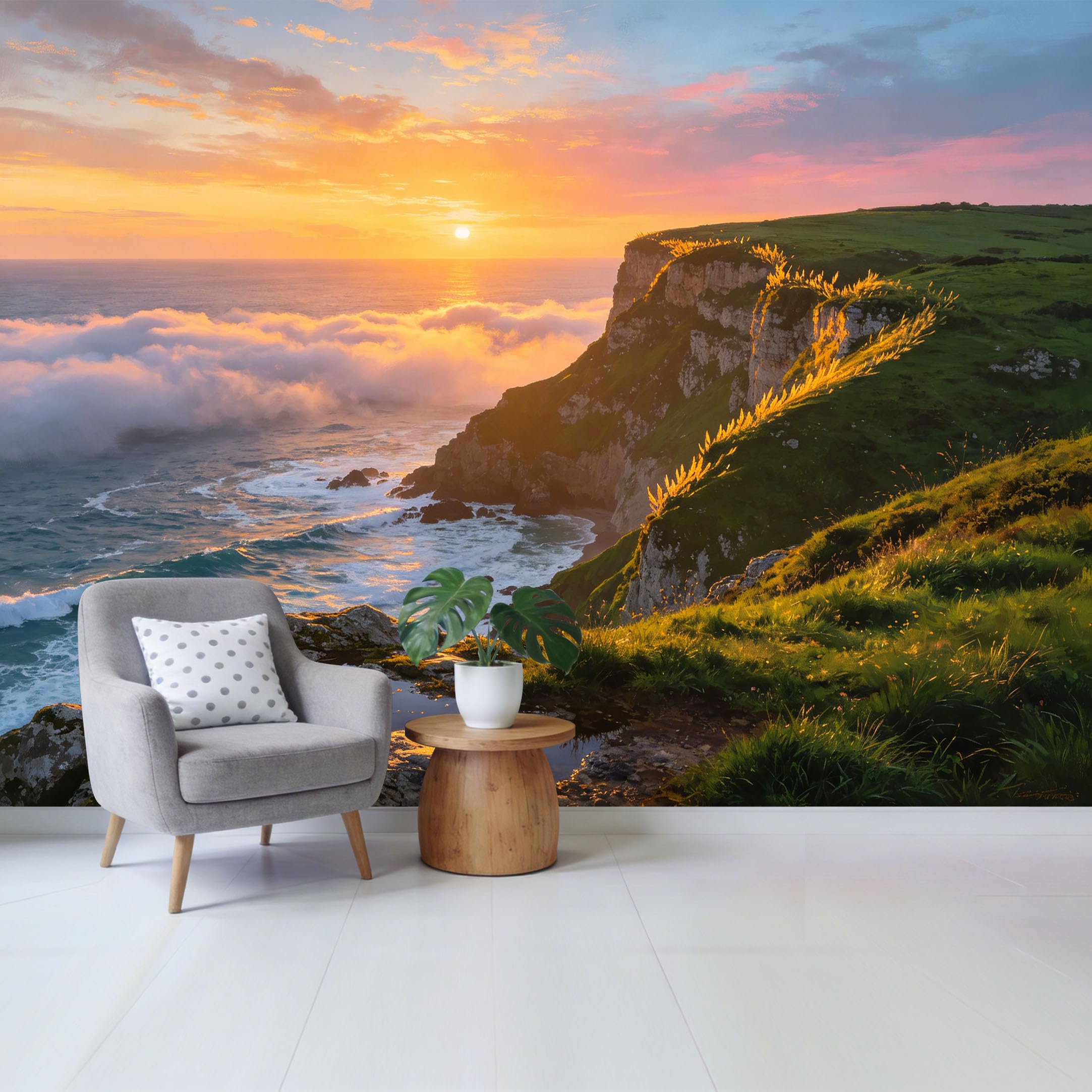 Custom Size Wall Mural Scenic Sunset Ocean Cliff Coastal Landscape Removable Self Adhesive Fabric， Home Wall Decor for Living Room Bedroom Bathroom