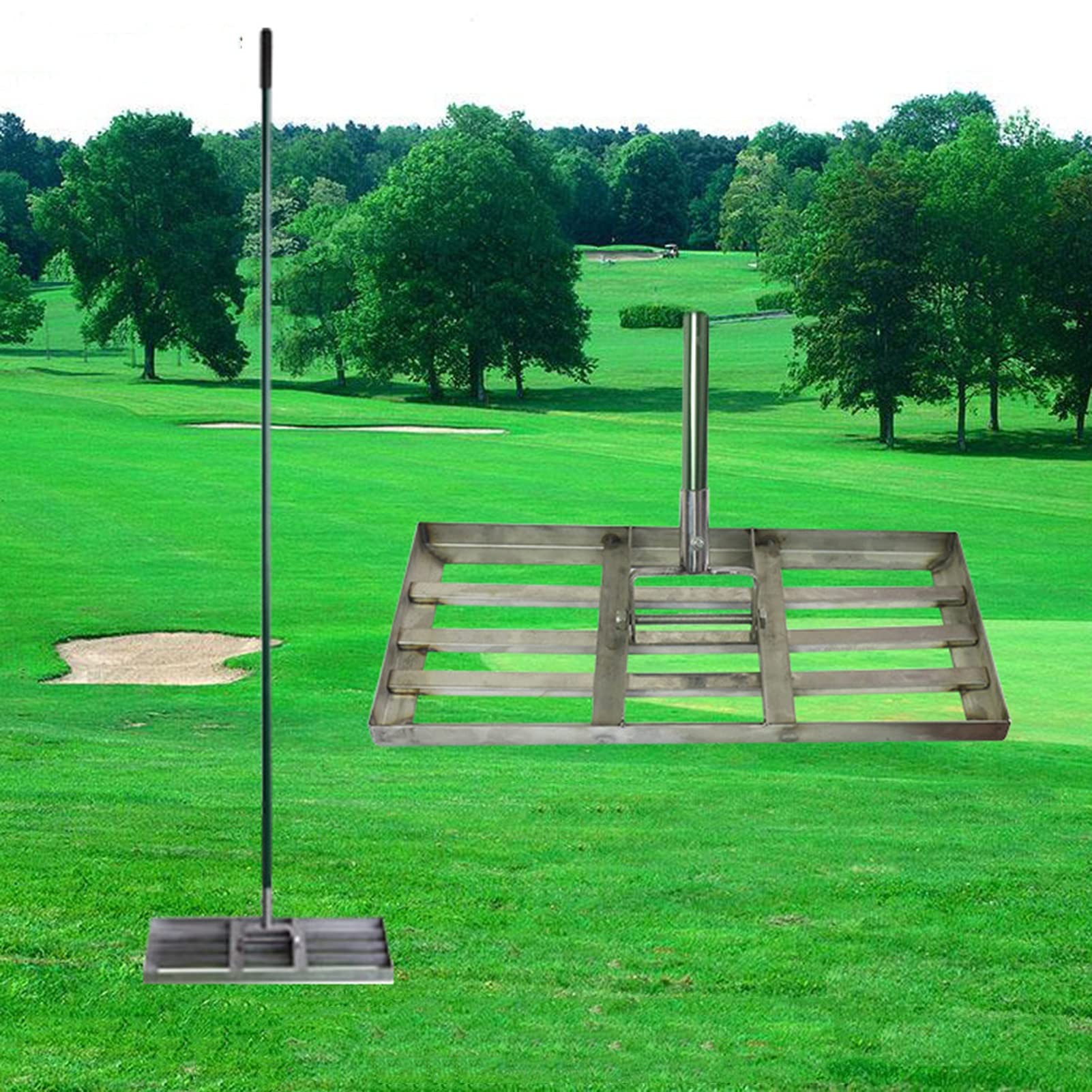 Grabie poziomicowe do trawnika Golf Garden Trawa, grabie do wyrównywania trawnika ze stali nierdzewnej, wyposażone w uchwyt 172,7 cm, wytrzymały sprzęt do popychania trawnika o dużej