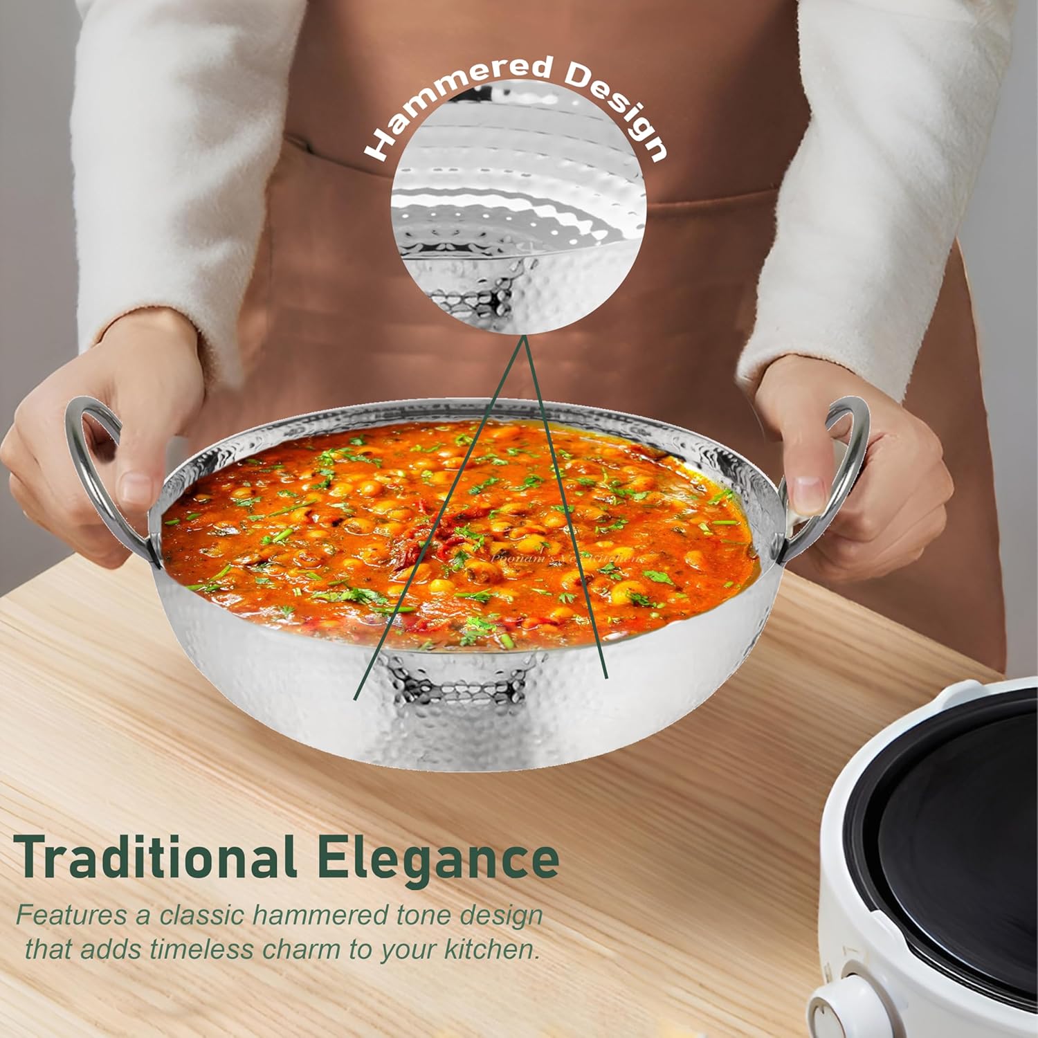 1 Pieces Stainless Steel Hammered Kadhai with Heavy Bottom for Kitchen/Utensils for Cooking, Deep Frying | Induction & Gas Stove Friendly Cookware (2 LTR, Silver)