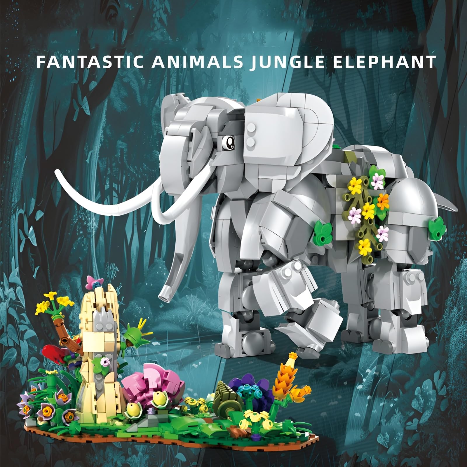 QuirkQuest Elefanten Bausteine Bausatz, 1306 Teile Dschungel-Schreibtisch-Dekoration, Tier Modell Klemmbausteinel, Weihnachten-Geburtstag Geschenke für Jugendliche Erwachsene 14+