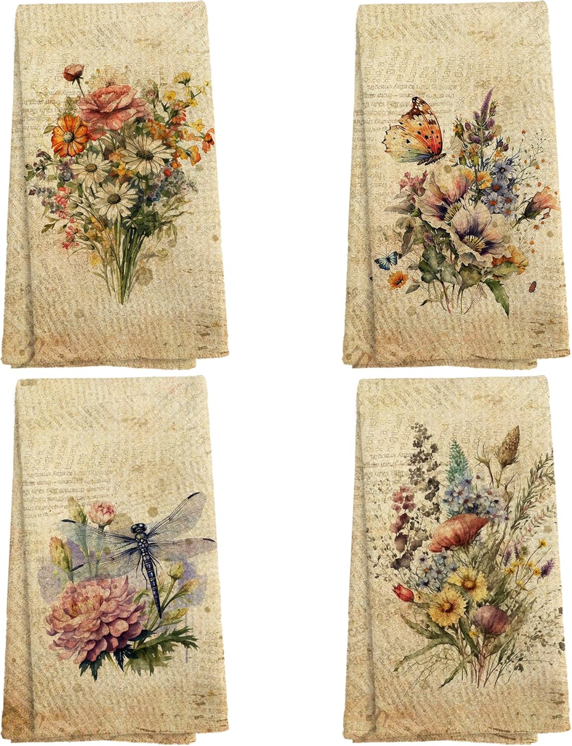 Vintage Floral Kitchen Towels and Dishcloths Set of 4, Floral Hand Towels, Retro Wildflowers Bouquet Dragonfly Butterfly Drying Cloth Hand Dish Tea Towel for Bathroom Kitchen, 16x24 Inches