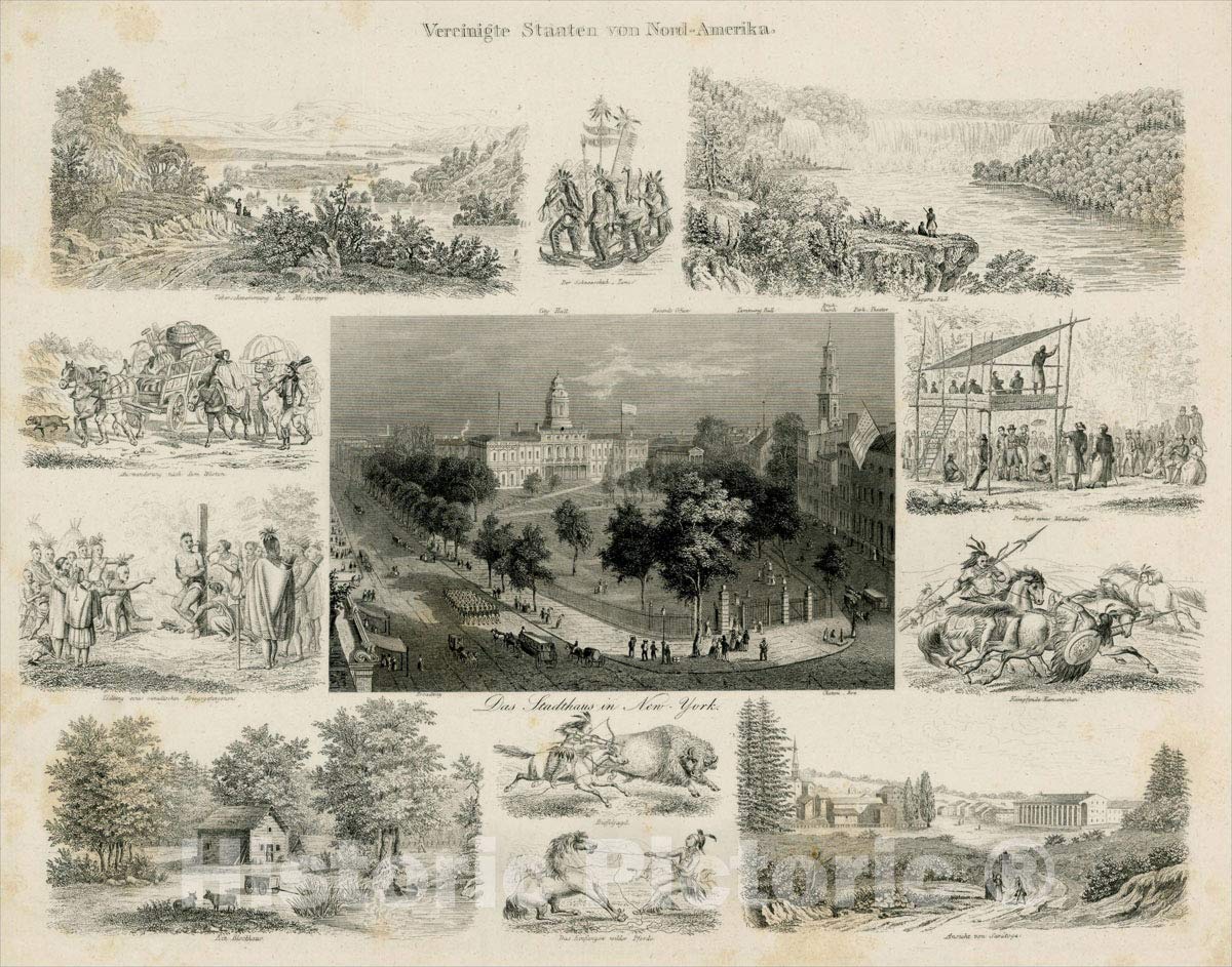 Historic Map : Vereinigte Staaten von Nord-Amerika [Views of New York City and Back Country Scenes], c1845, Anonymous, Vintage Wall Art : 56in x 44in