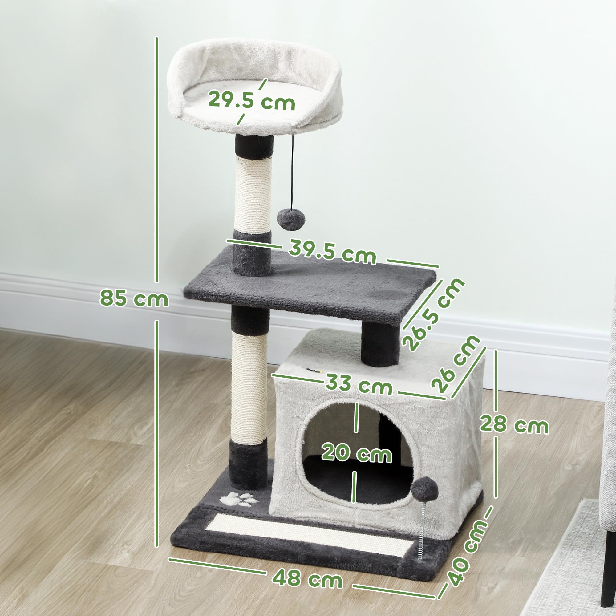 PawHut Albero Tiragraffi per Gatti Alto 85 cm, Torre per Gatti e Gattini con Casetta, Lettino Superiore, Pallina, Pali in Sisal e Tappetino Tiragraffi, Grigio Chiaro