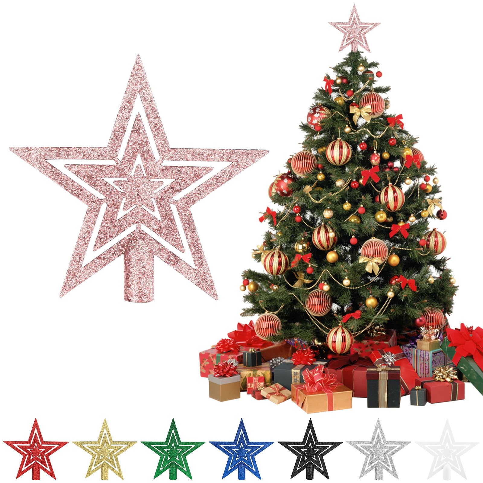 Christmas Tree Topper, Glitter Christmas Tree Star Topper Ornament, 20cm Shatterproof Xmas Tree Topper with Hollow Design for Home Decorations, Pink