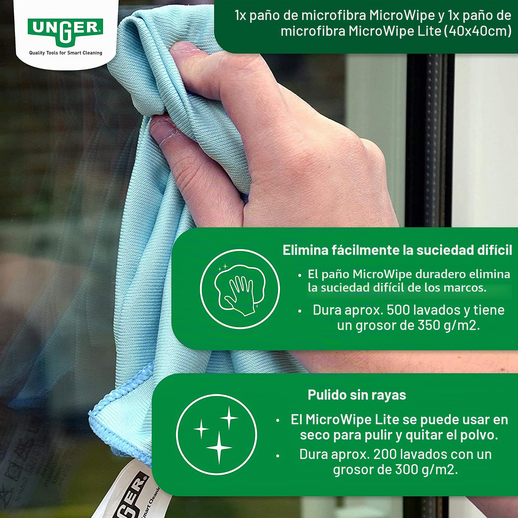Kit de Limpieza para Jardín de Invierno (Incluye Limpiador, Limpiacristales, Barra de Extensión, Paños de Microfibra, Sin Rayas), Color Verde
