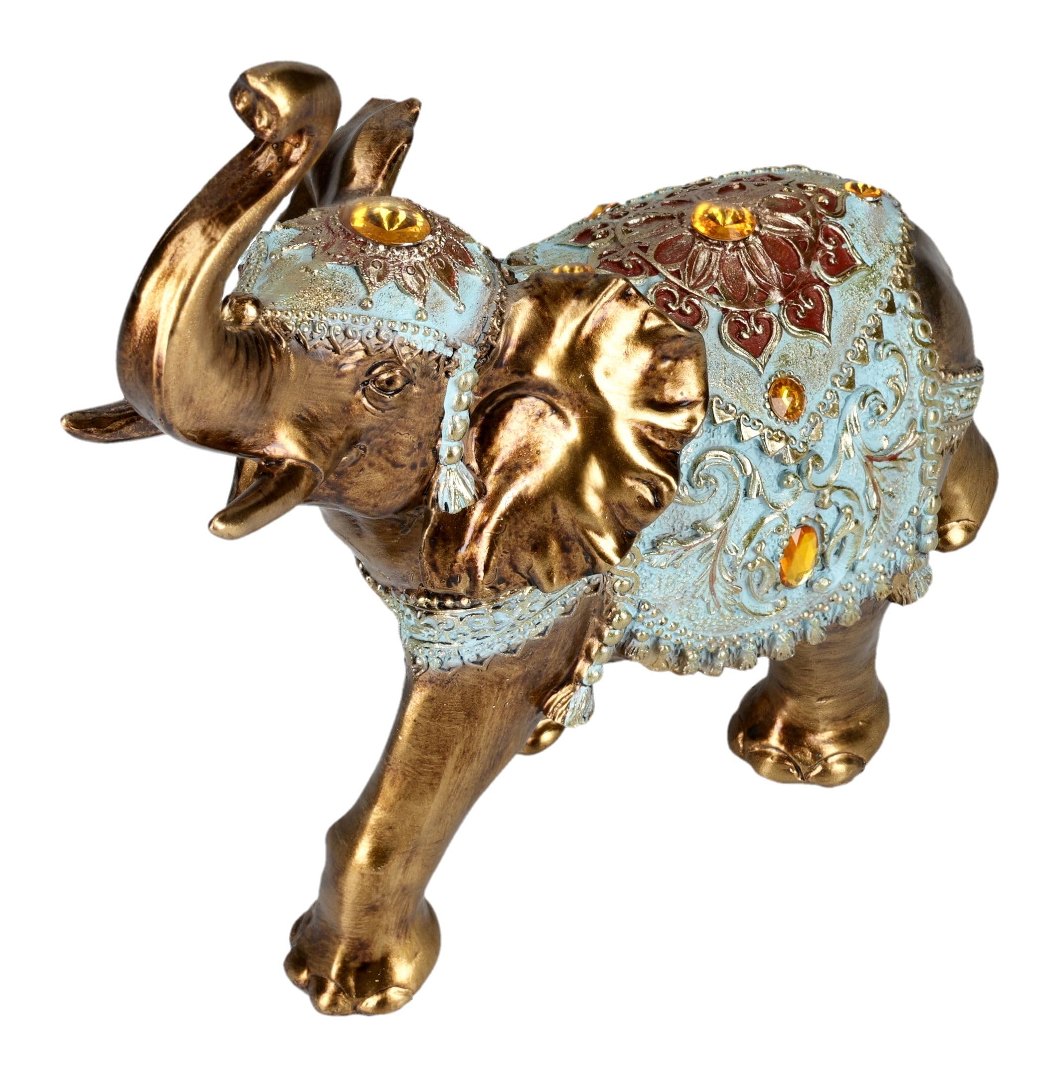 Figuren Shop GmbH Elefante de la suerte, figura de elefante con manta turquesa, pintado a mano (23 cm), símbolo de buena suerte, salud y prosperidad, idea de regalo