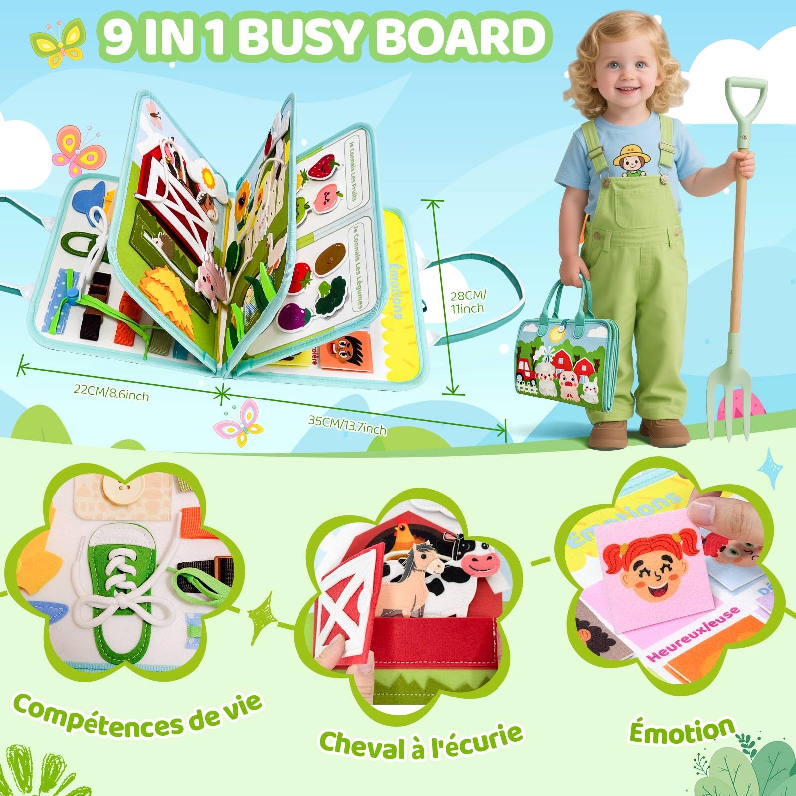 Busy Board Francese, Giochi Bambini 2 Anni, Libro Montessori Interattivo, Quiet Book Sensoriale Educativo, Regalo Bimbo Bambina 1 2 3 4 5 Anni, Giochi Montessori 1 Anno