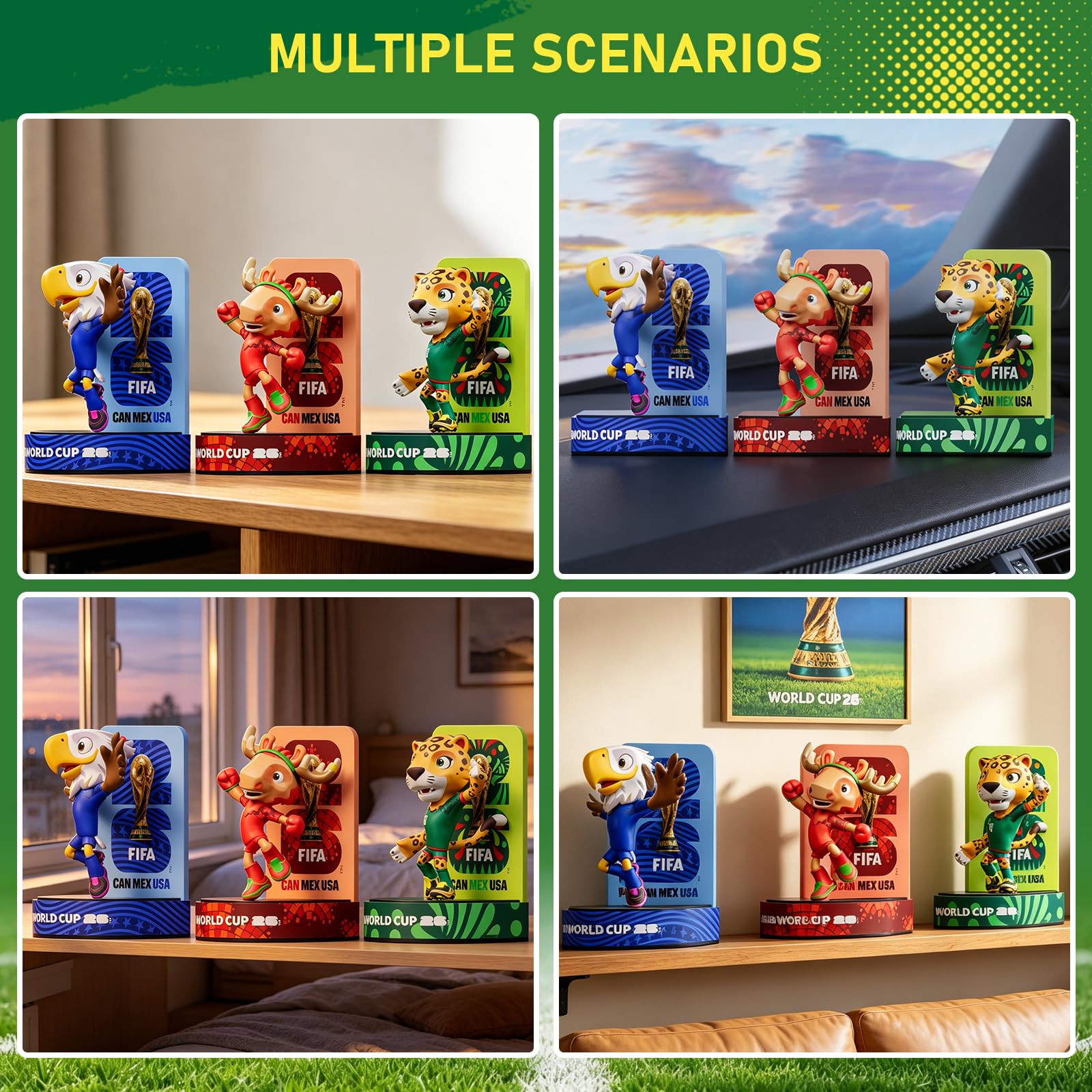 Sanyetral FIFA World Cup 2026 3PCS Figuras de Mascota,Copa Mundial de fútbol Juego de Conjunto Base B (6 cm) para Exhibición, Incluye Clutch, Zayu, Maple
