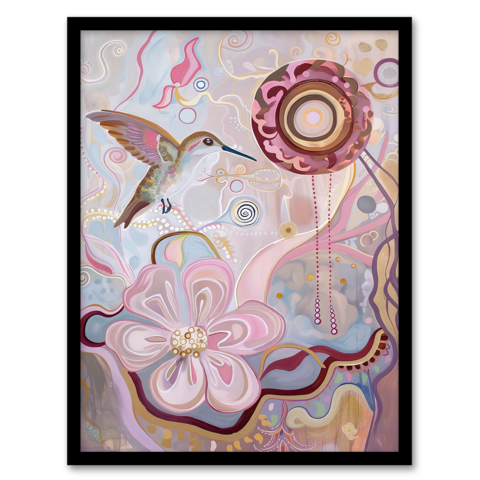 Artery8 Folk Art Hummingbird with Pink Abstract Flowers Living Room Artwork Framed Wall Art Print 18X24 Inch