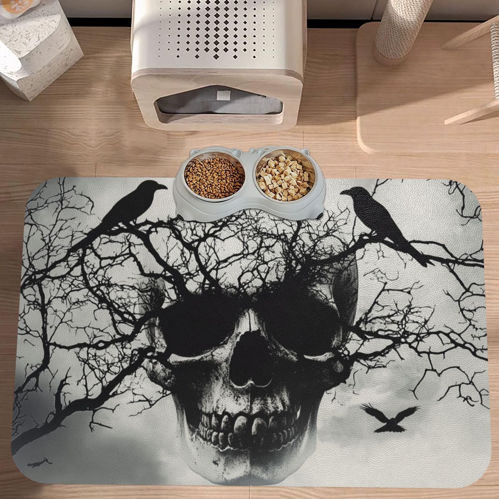 Goth Skull Dog & Cat Food Mat for Floors Waterproof,Quick Dry Anti-Slip Bowl Mats for Food and Water,Pet Feeding Mats,Pet Placemat for Messy Drinkers