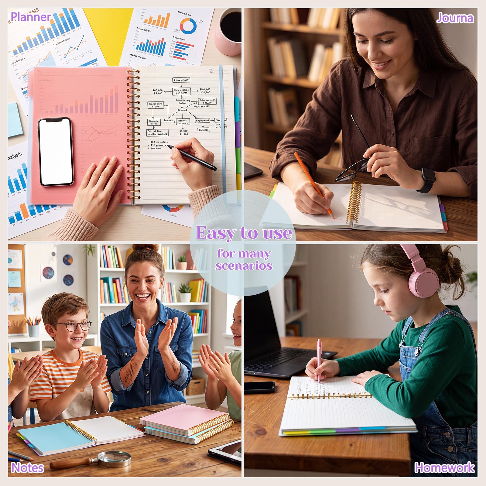 Resurhang 3 Pcs Spiral Notebook 5 Subject Notebooks Journal A4 8.5" x 11" with Removable Dividers College Ruled 300 Pages Thick Spiral Writing Journal for Women Men Work School, Purple Pink and Blue
