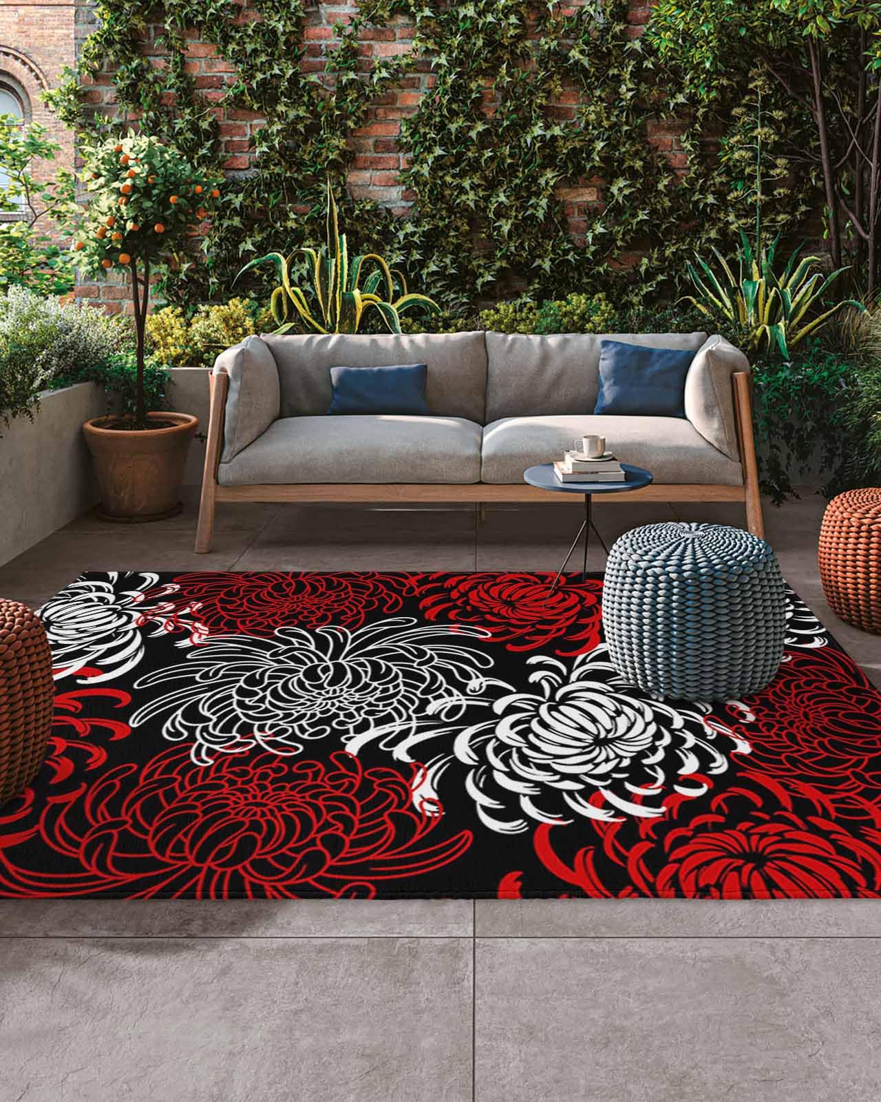 Floral Outdoor Rug, Large Floor Mat Red Black White Abstract Non Slip Area Rug Rubber Backing Quick Dry Clearance Carpet for Camping Rugs, Patio,