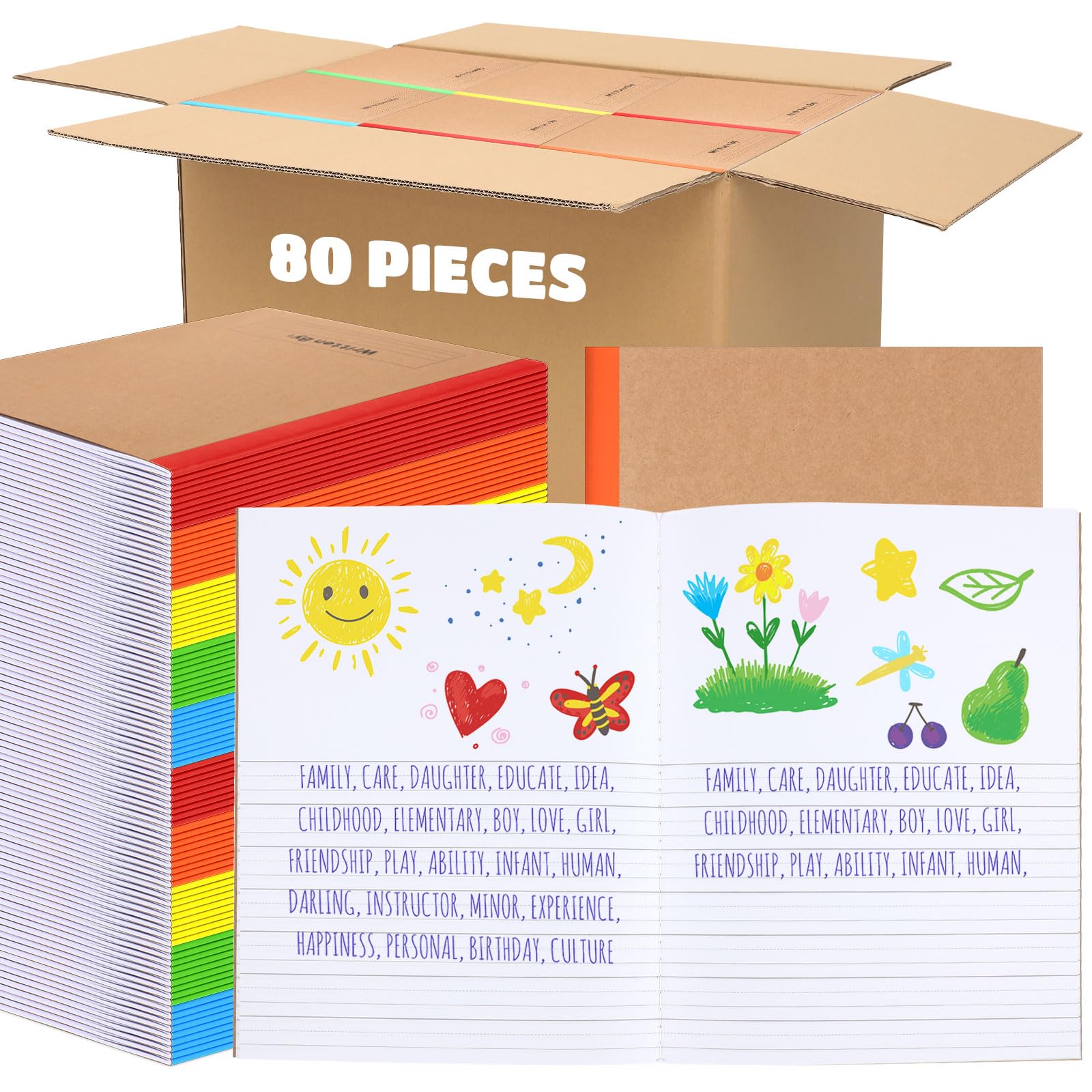 Henoyso 80 Pcs Primary Composition Notebook for Kids 9.75 x 7.5 Inch K-2 Primary Writing Journal with Rainbow Spine 60 Pages Draw and White Journal for Student Back to School Supplies