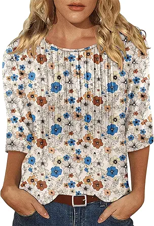 KISSMODA Tunic Tops for Women Loose Fit Dressy Round Neck Pleated 3/4 Length Sleeve Spring Tops