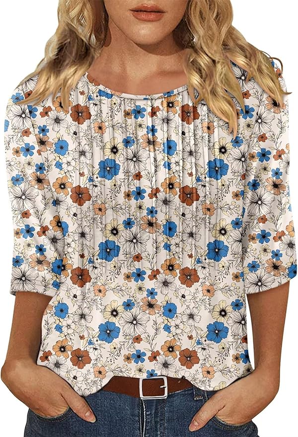 KISSMODA Tunic Tops for Women Loose Fit Dressy Round Neck Pleated 3/4 Length Sleeve Spring Tops