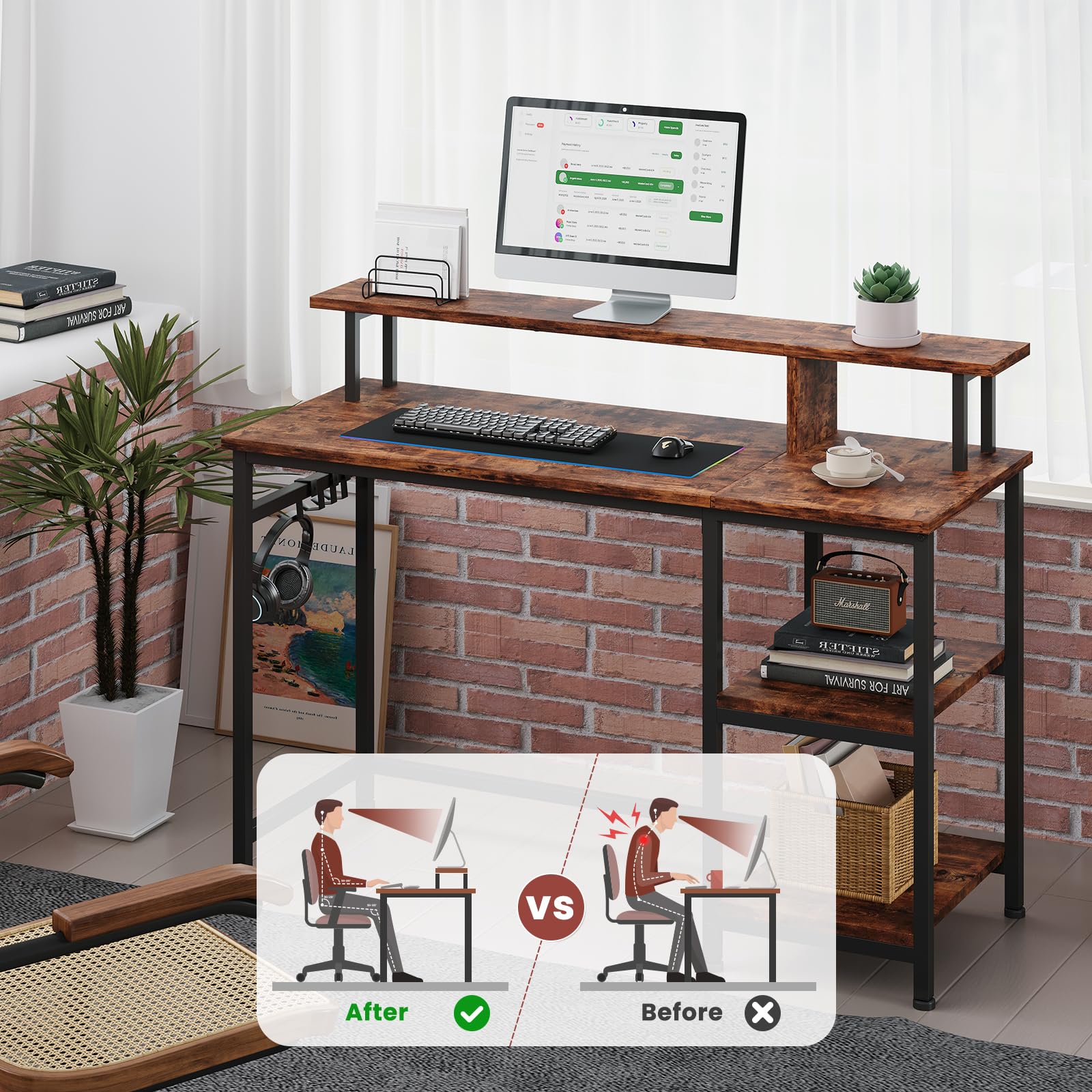 Dripex Schreibtisch, Computertisch mit Monitorständer und Abnehmbarem Regal, Bürotisch für Home Office, Wohnzimmer, Klein PC Gaming Tisch 107x46x95cm, Rustikales Braun