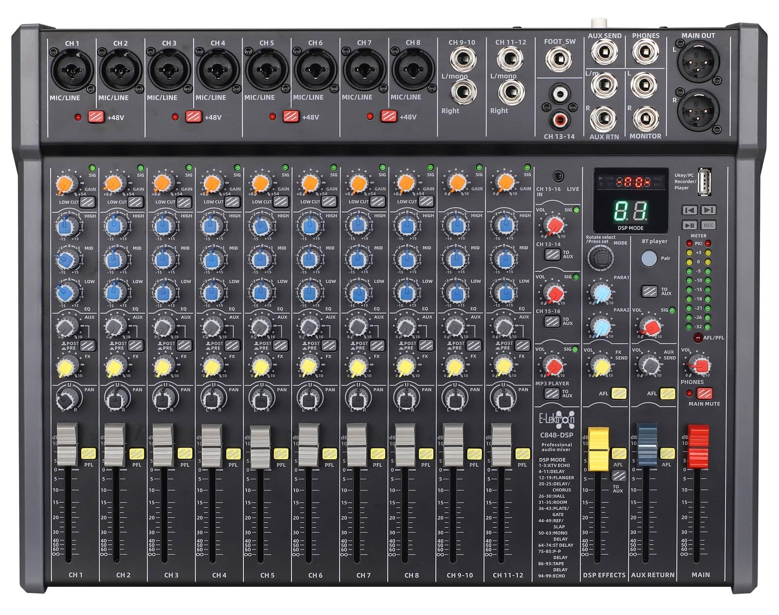 E-Lektron C848-DSP Live Mischpult 8-Kanal + Stereo AUX, BLuetooth, MP3 USB-Interface und Effekt-Prozessor (C848-DSP)