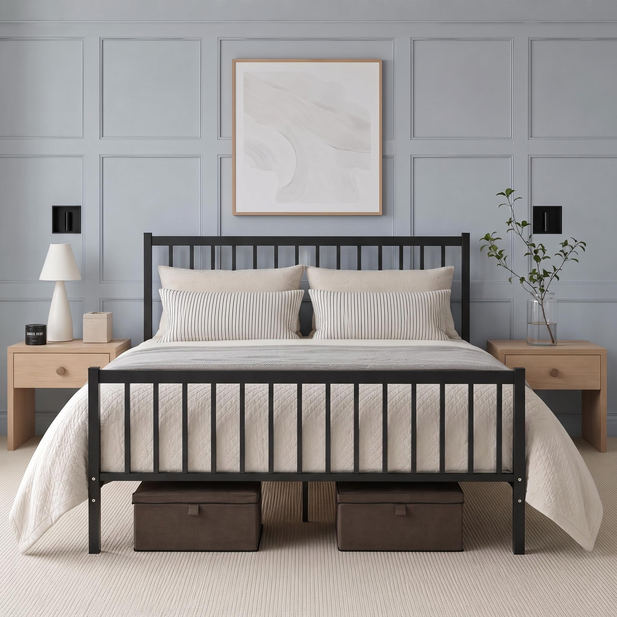 Panana Industrial Strong Double 4ft6 Metal Bed Frame,Platform Bed with Headboard (Black-4FT6)