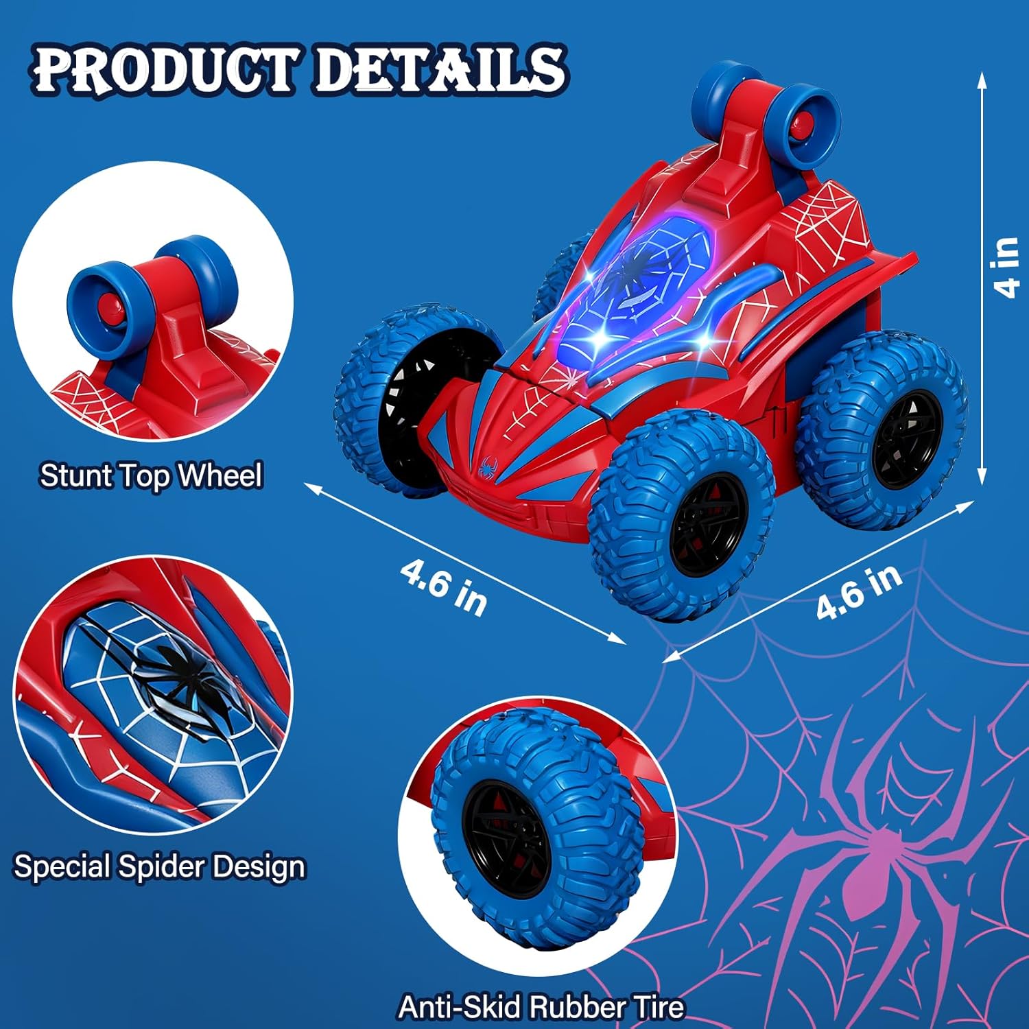 Spider Remote Control Car, 360°Rotation Rc Stunt Car with Cool Flashing Light, Superhero Car Toys for Kid, Indoor & Outdoor 4wd Toy Car, Birthday Gift for Boy Ages 3 4 5 6 7 8 9 10 11 12